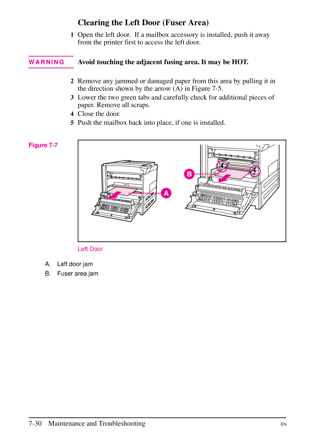 HP 5Si MX, 5Si NX manual Clearing the Left Door Fuser Area 