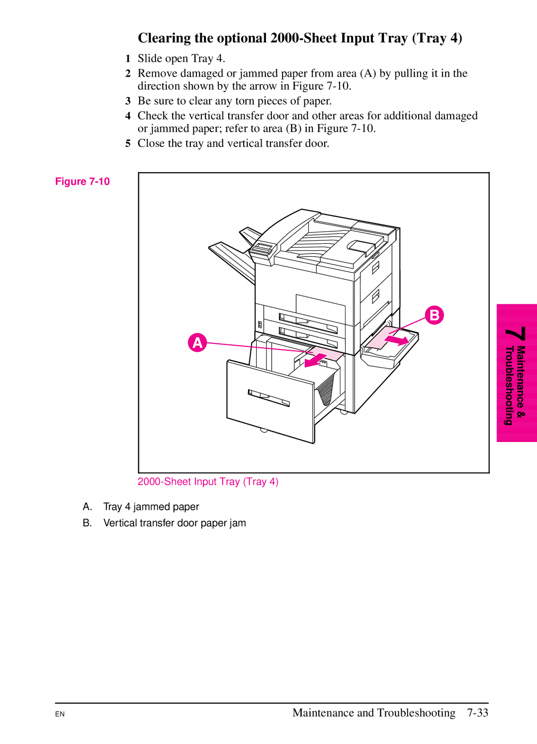 HP 5Si NX, 5Si MX manual Clearing the optional 2000-Sheet Input Tray Tray 