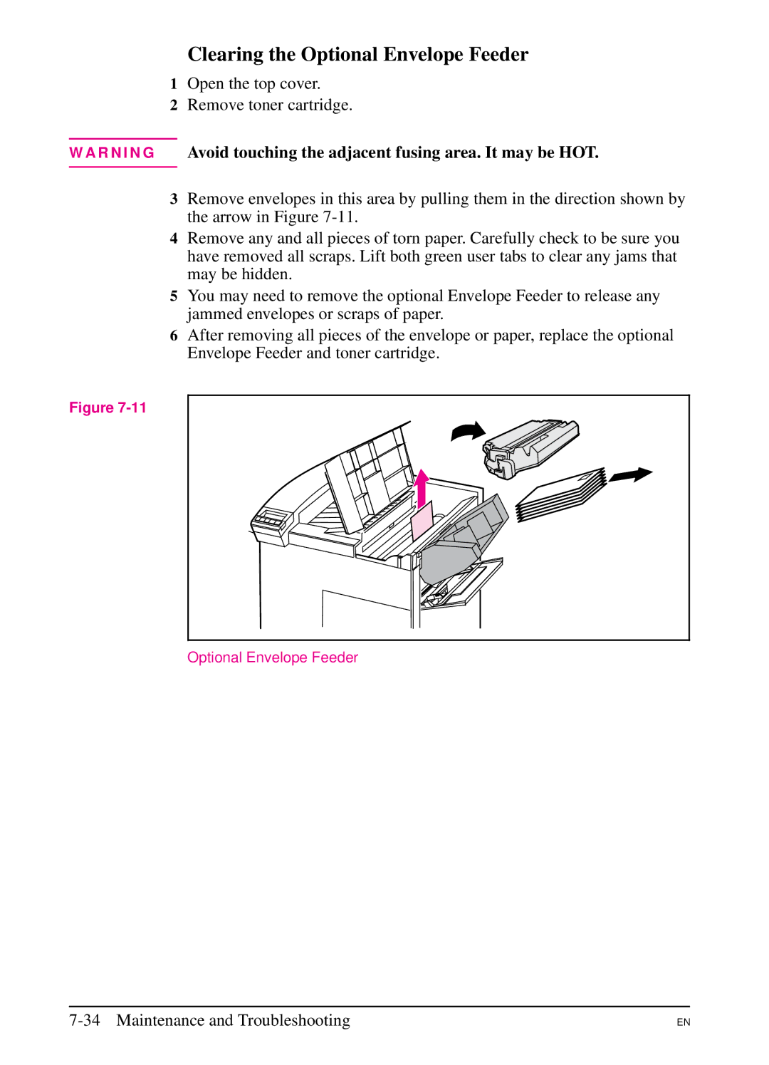 HP 5Si MX, 5Si NX manual Clearing the Optional Envelope Feeder 