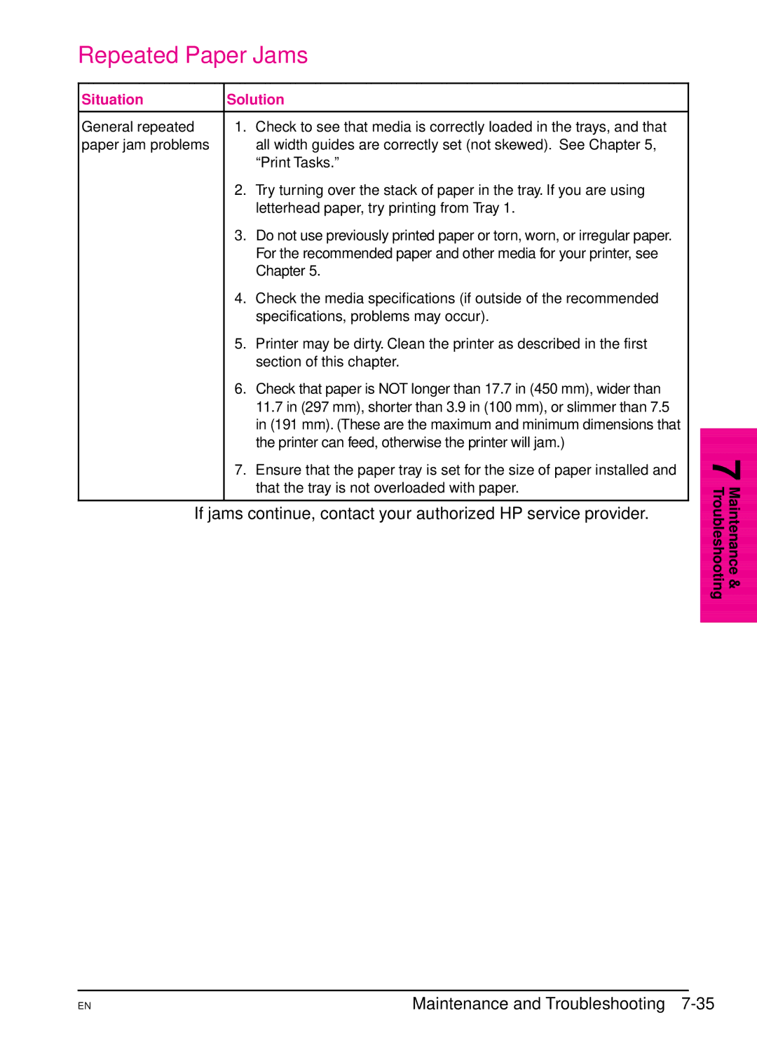 HP 5Si NX, 5Si MX manual Repeated Paper Jams, Section of this chapter 