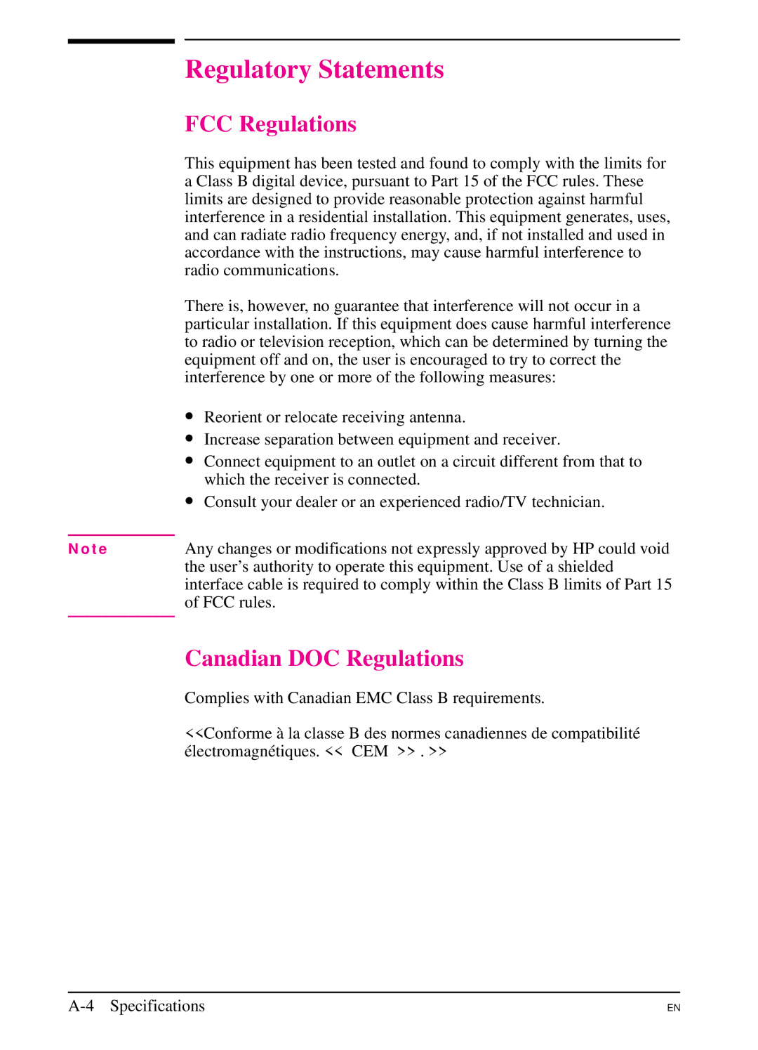 HP 5Si MX, 5Si NX manual Regulatory Statements, FCC Regulations, Canadian DOC Regulations 