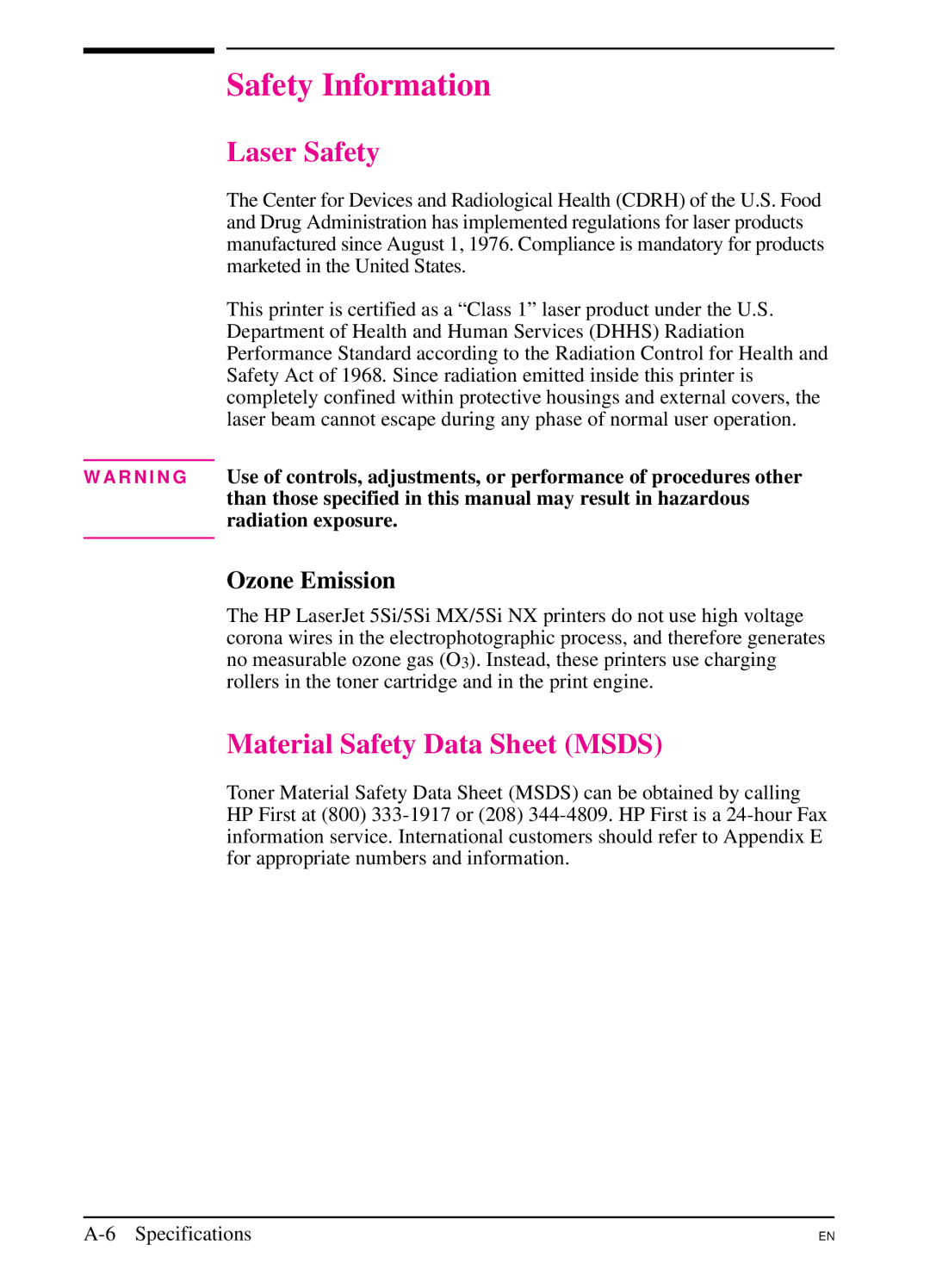 HP 5Si MX, 5Si NX manual Safety Information, Laser Safety, Material Safety Data Sheet Msds, Ozone Emission 