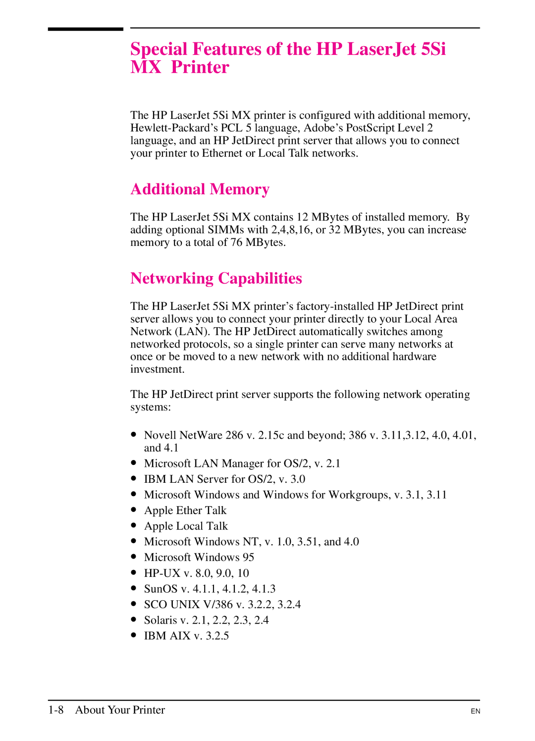 HP 5Si NX manual Special Features of the HP LaserJet 5Si MX Printer, Additional Memory, Networking Capabilities 