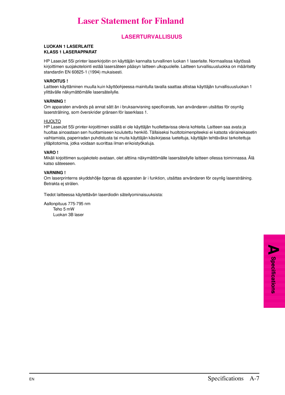 HP 5Si NX, 5Si MX manual Laser Statement for Finland, Laserturvallisuus 