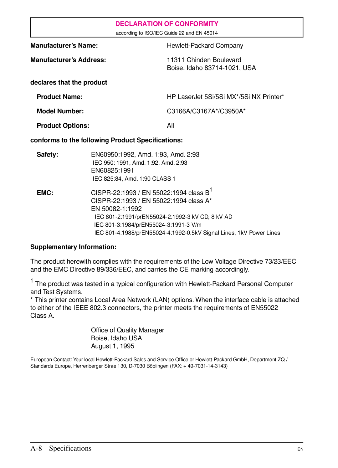 HP 5Si MX, 5Si NX manual Declaration of Conformity 