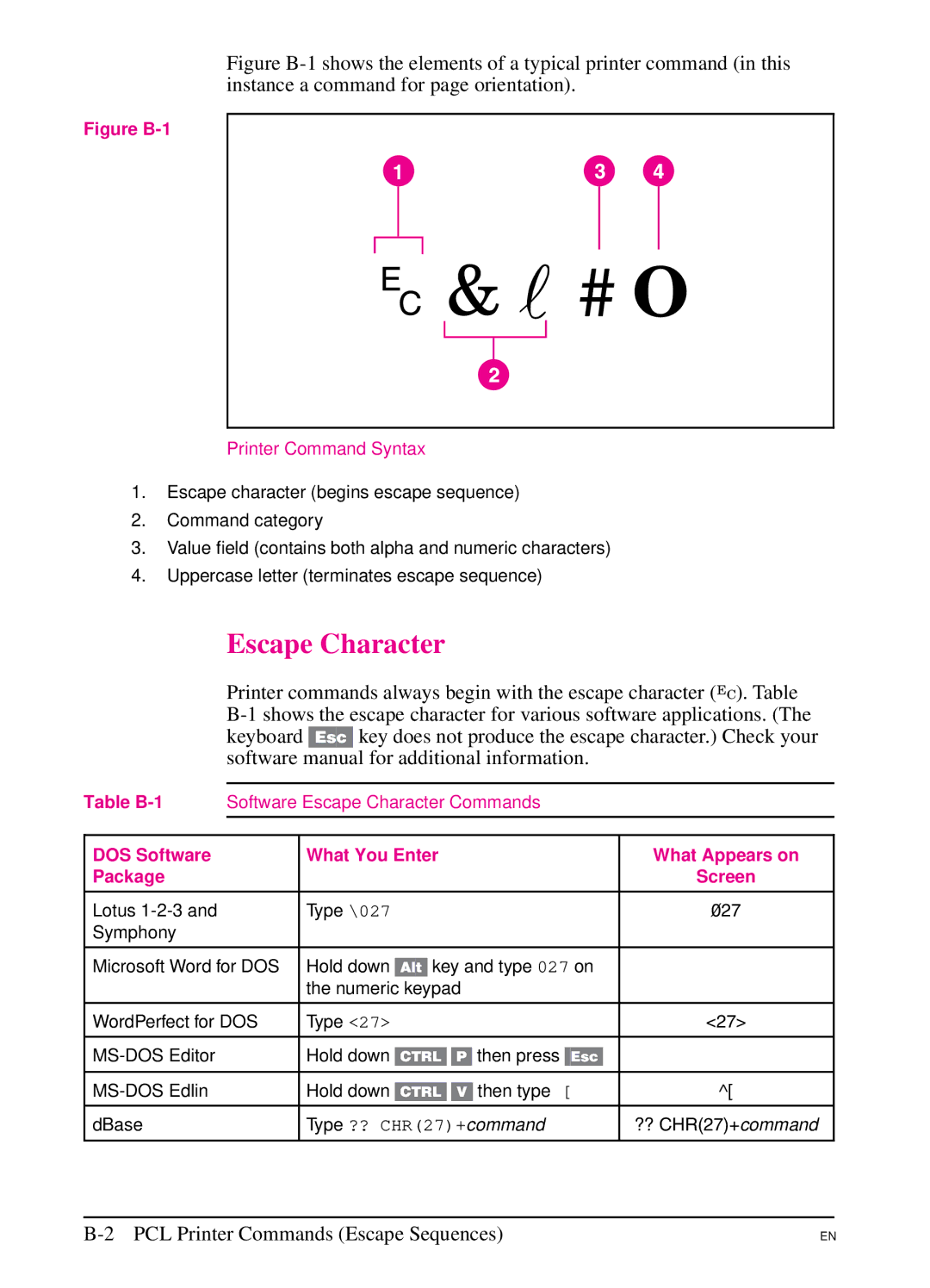 HP 5Si MX, 5Si NX manual Escape Character, Table B-1, DOS Software What You Enter What Appears on Package 