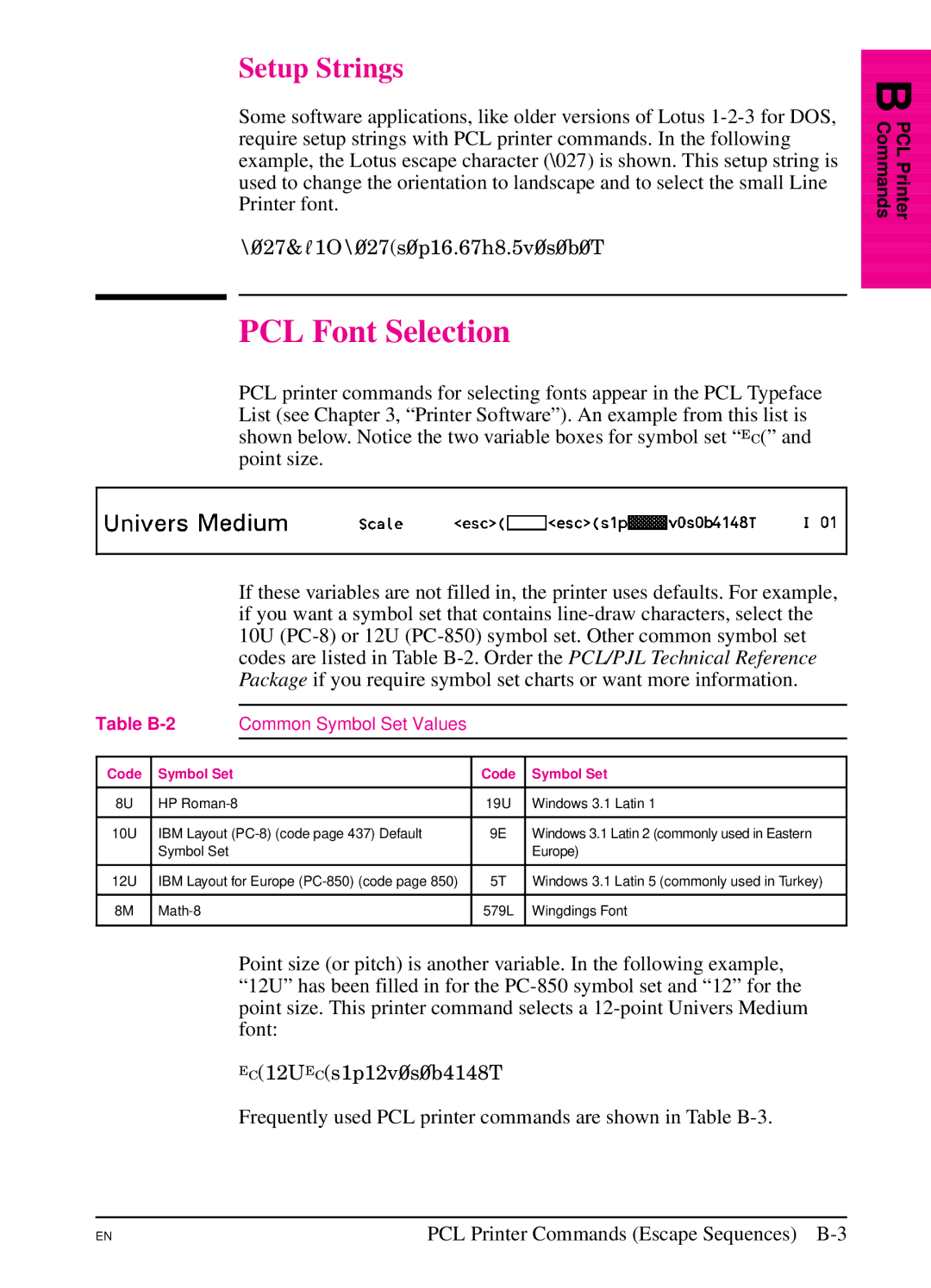 HP 5Si NX, 5Si MX manual PCL Font Selection, Setup Strings, Table B-2 