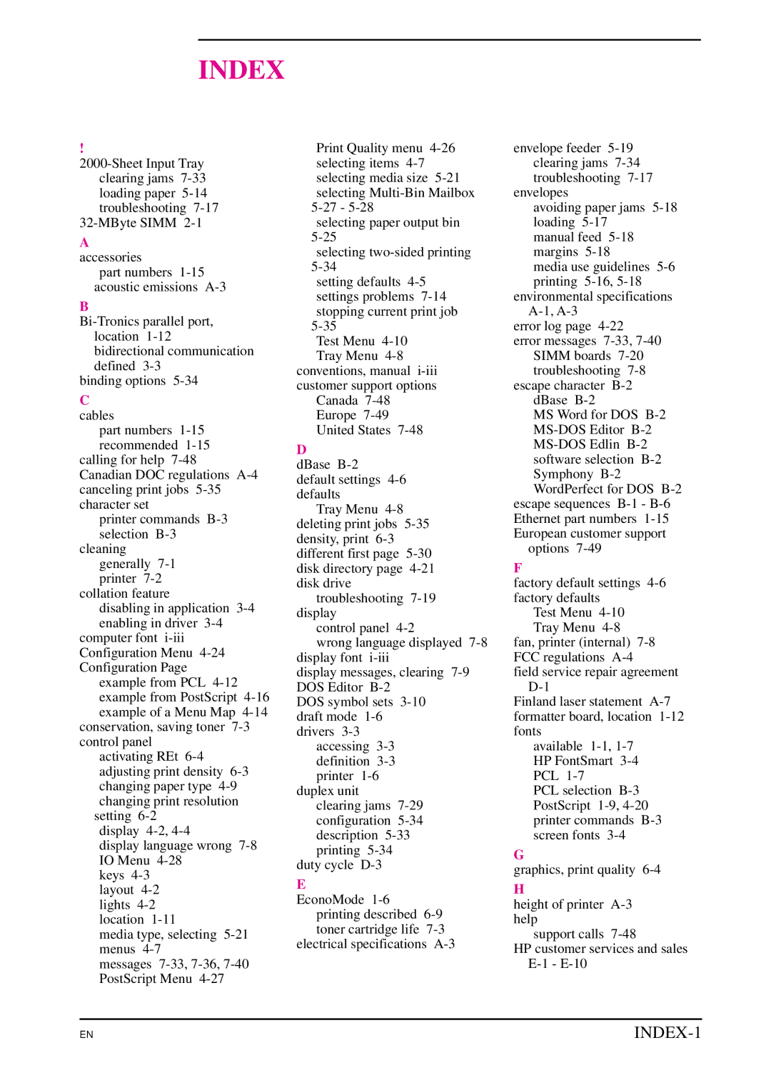 HP 5Si NX, 5Si MX manual Index 