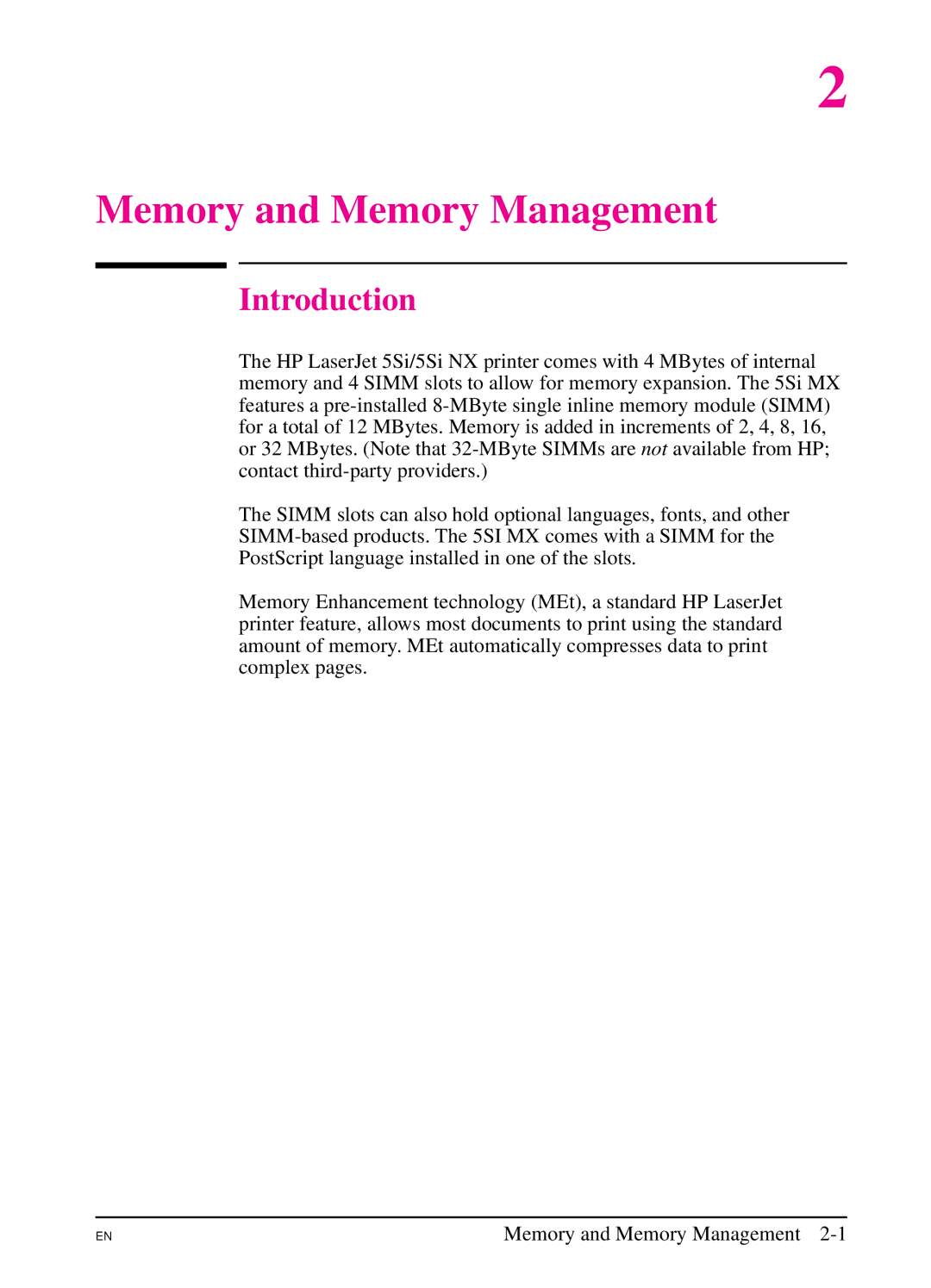 HP 5Si NX, 5Si MX manual Memory and Memory Management 