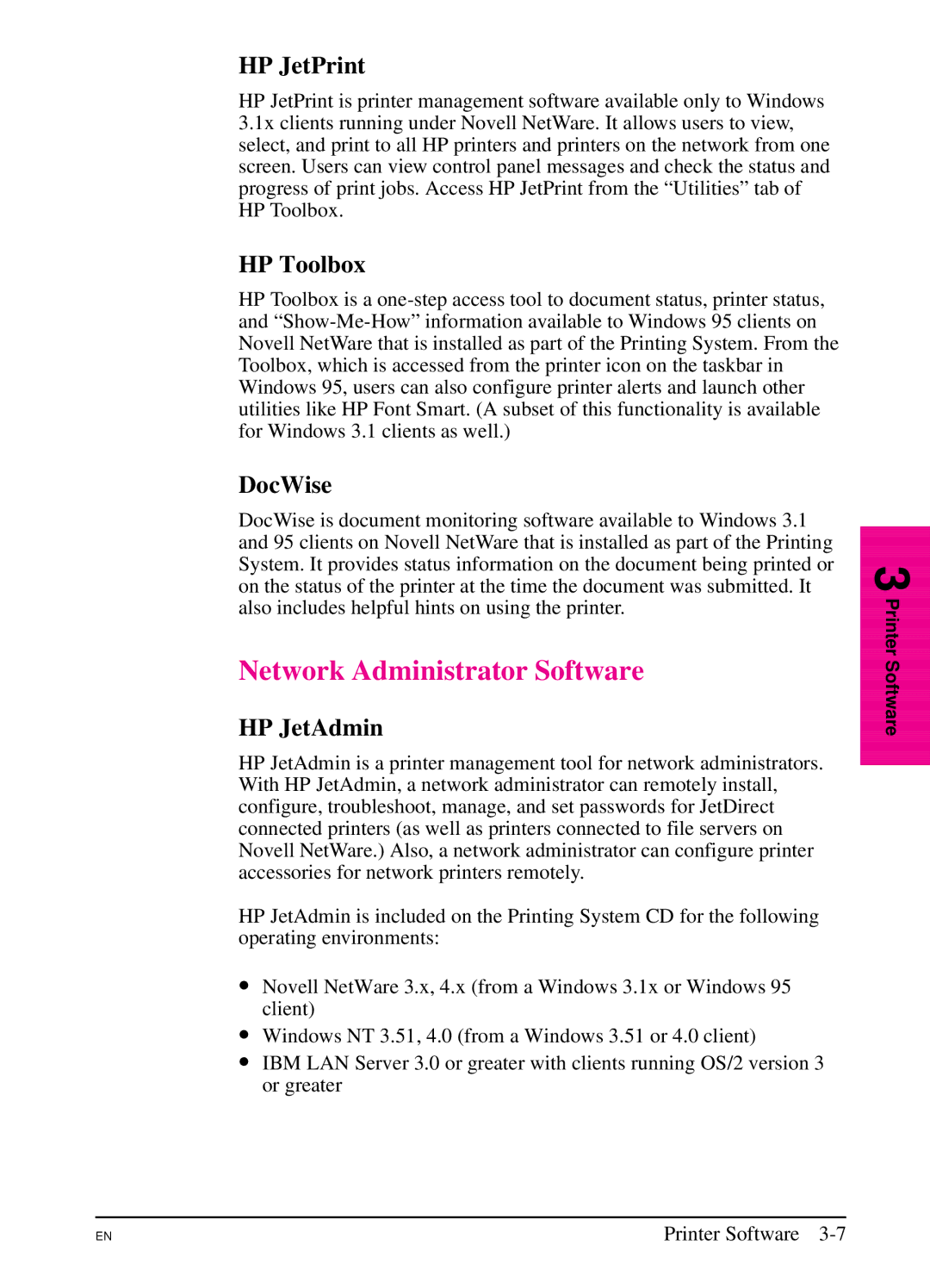 HP 5Si NX, 5Si MX manual Network Administrator Software, HP JetPrint, HP Toolbox, DocWise, HP JetAdmin 