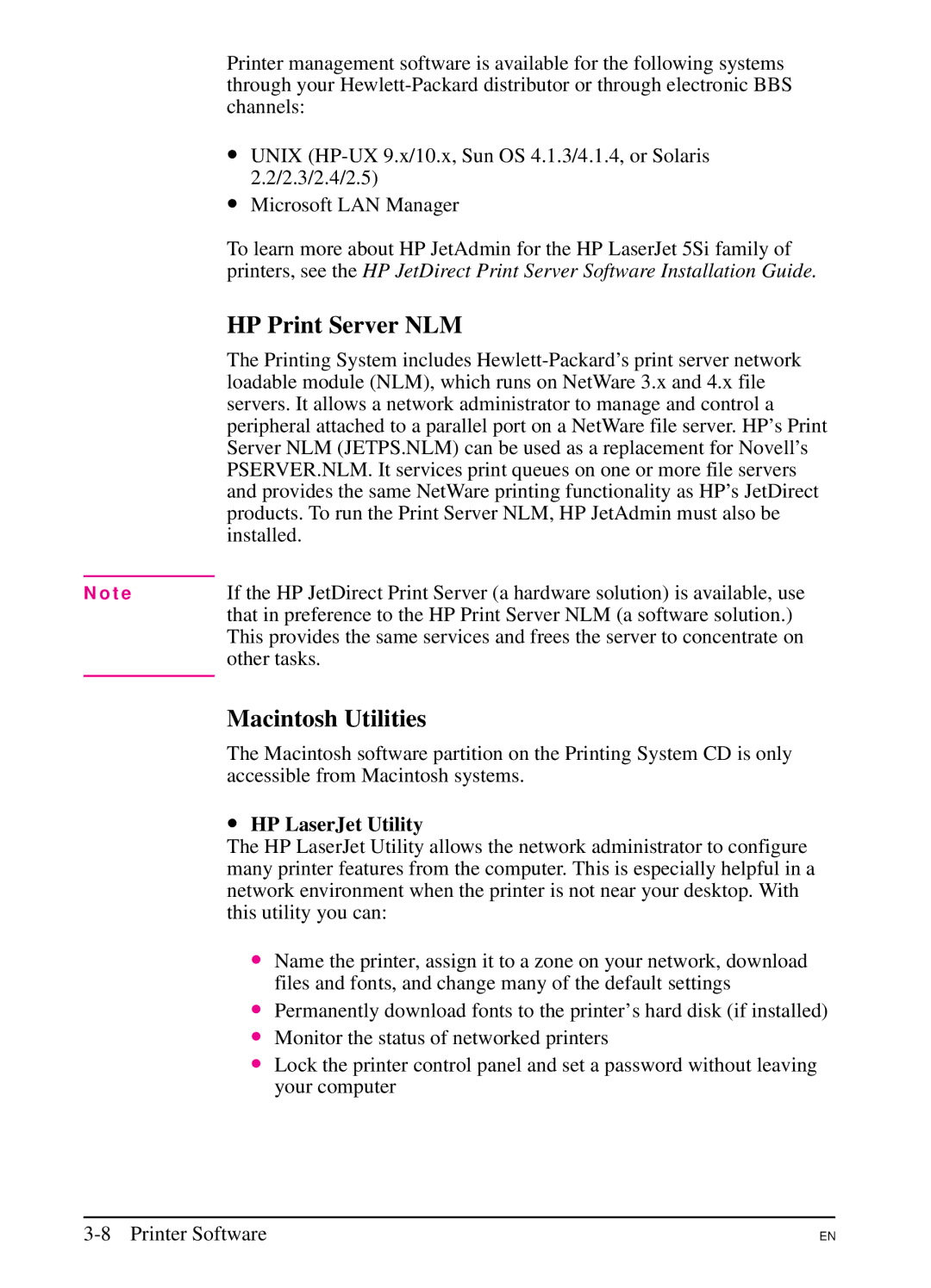 HP 5Si MX, 5Si NX manual HP Print Server NLM, Macintosh Utilities 