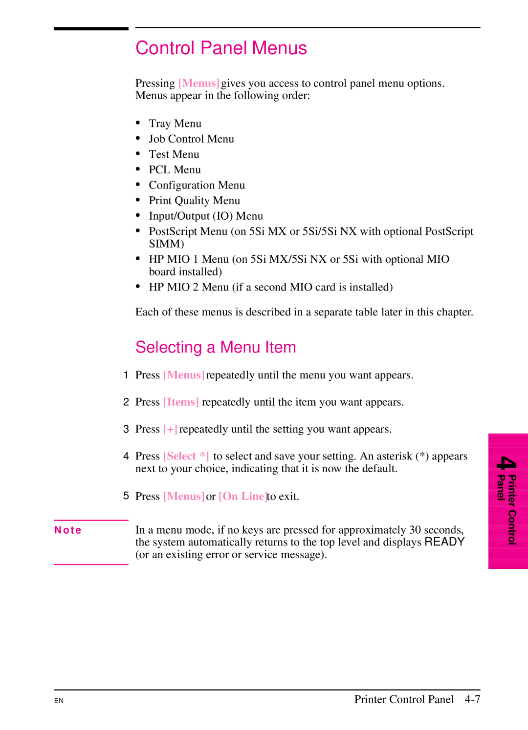 HP 5Si NX, 5Si MX manual Control Panel Menus, Selecting a Menu Item 