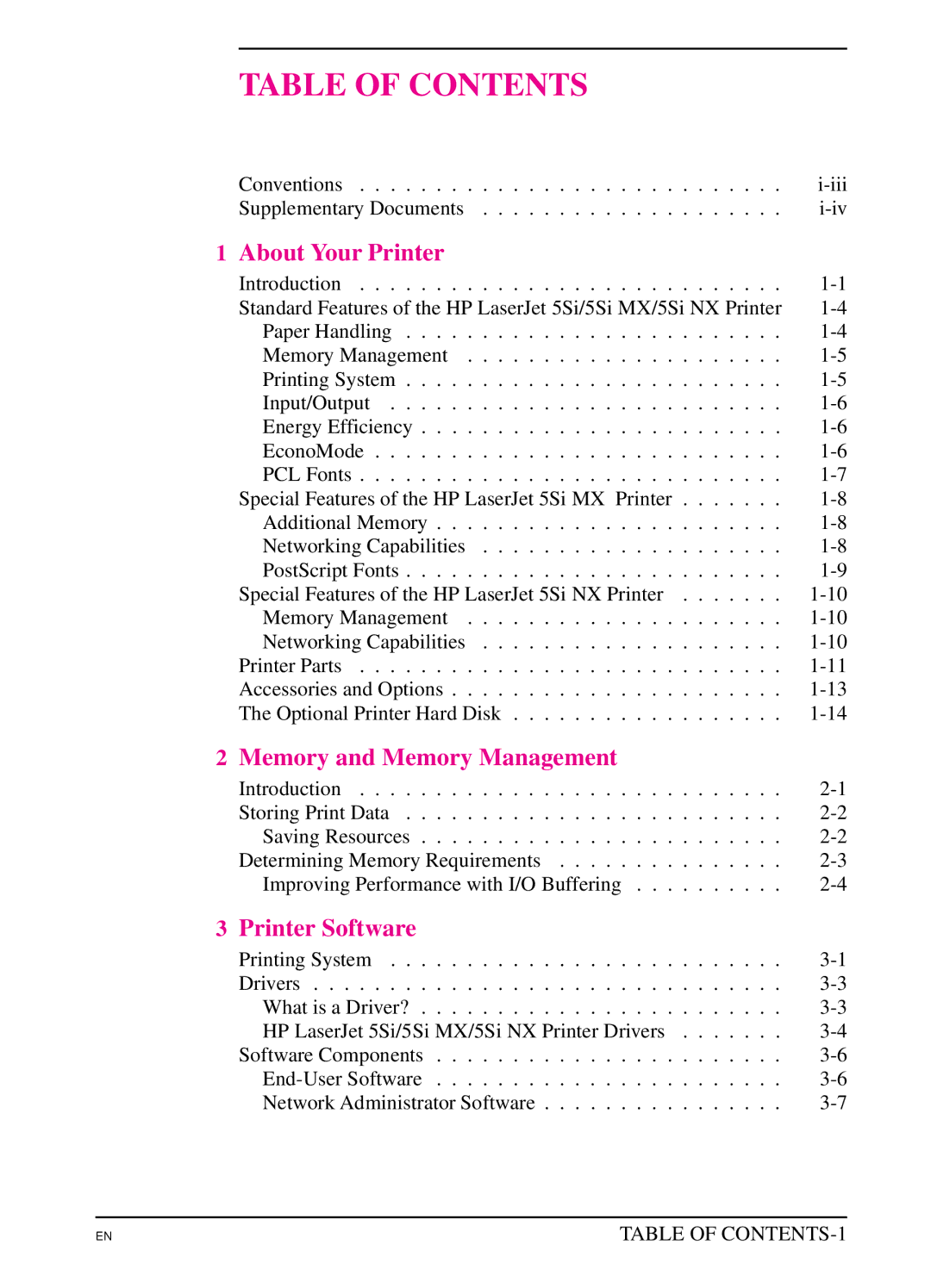 HP 5Si NX, 5Si MX manual Table of Contents 