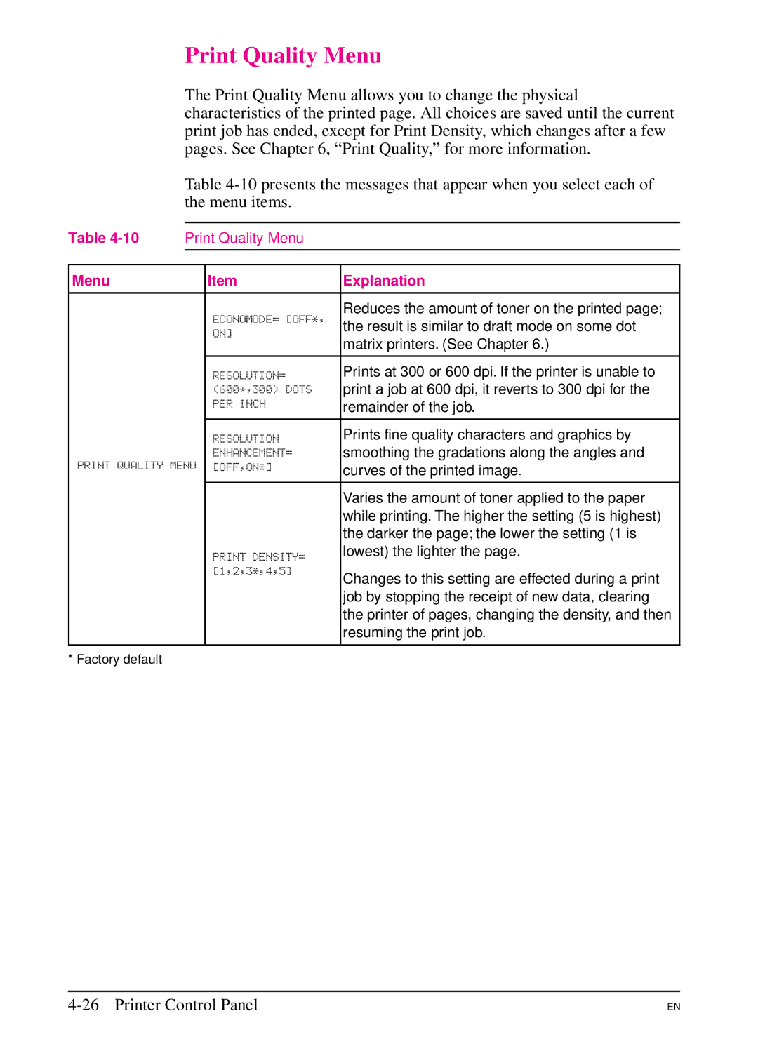 HP 5Si MX, 5Si NX manual Print Quality Menu 