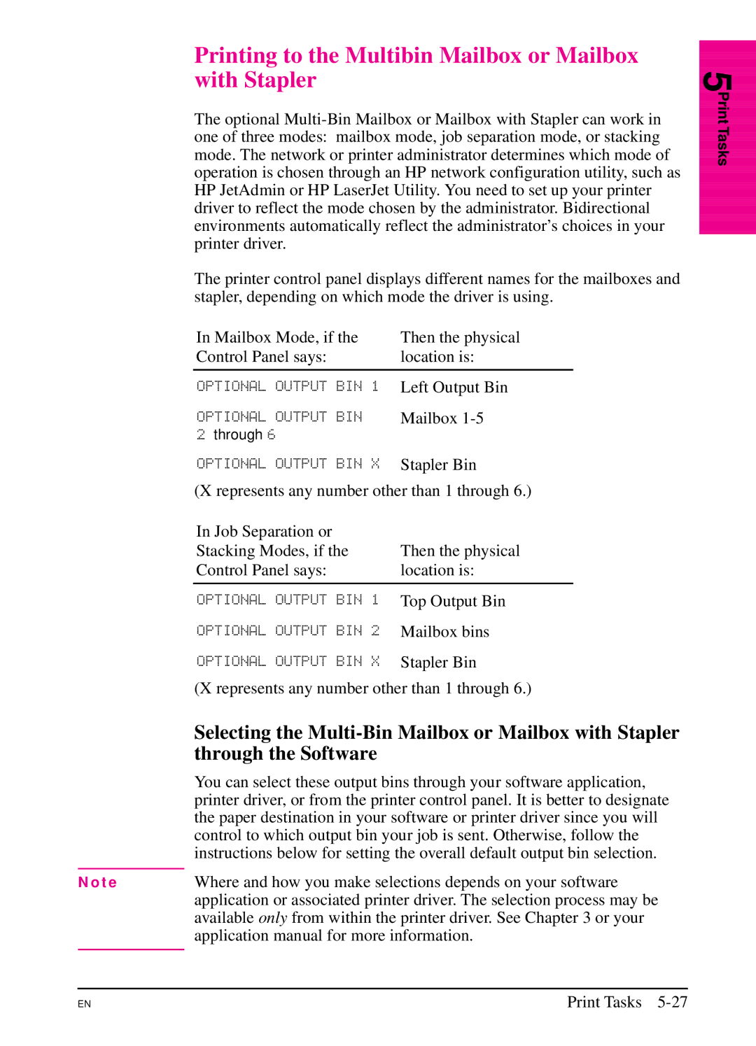 HP 5Si NX, 5Si MX manual Printing to the Multibin Mailbox or Mailbox with Stapler, Through the Software 