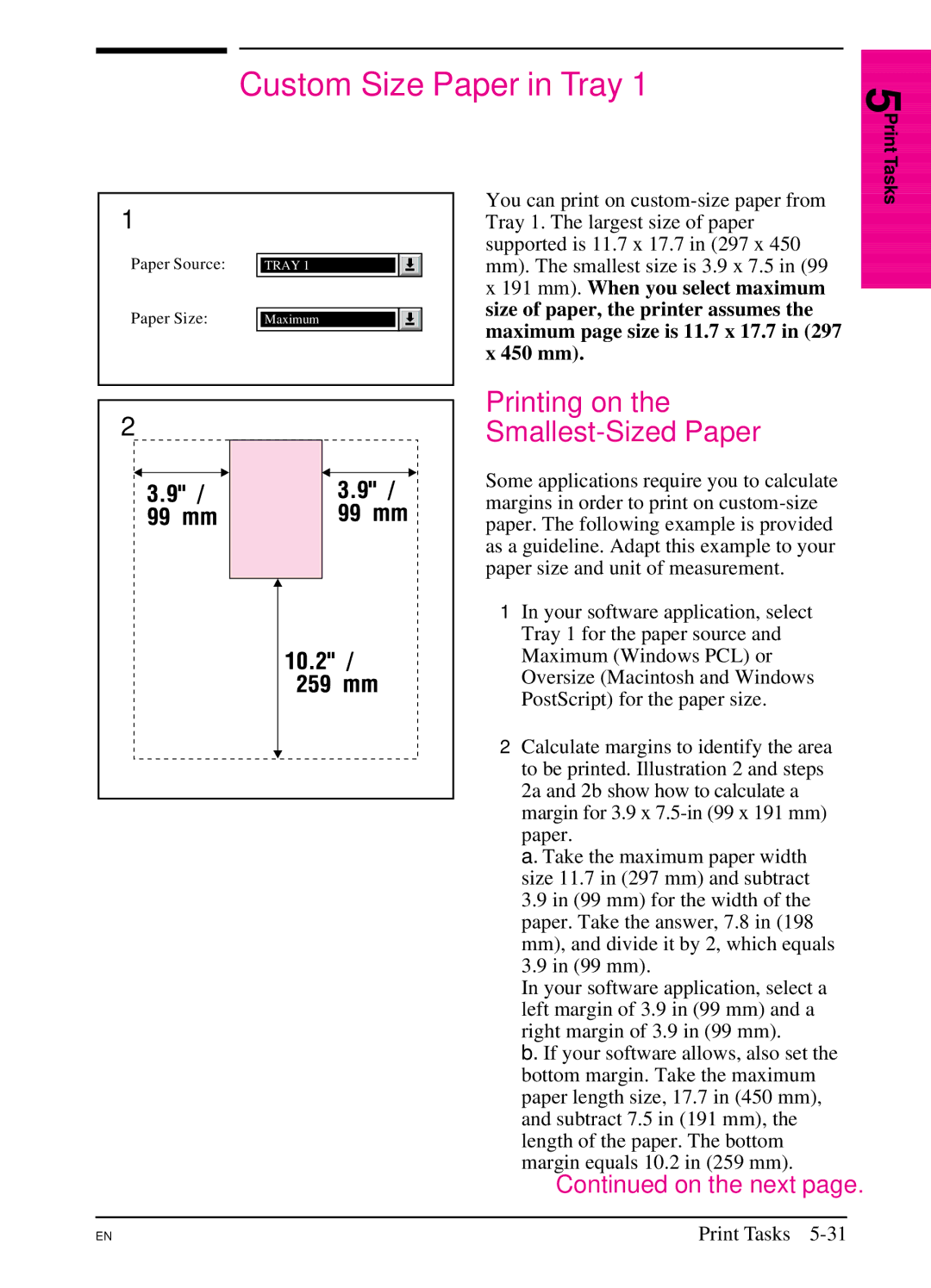 HP 5Si NX, 5Si MX manual Custom Size Paper in Tray, Printing on Smallest-Sized Paper 