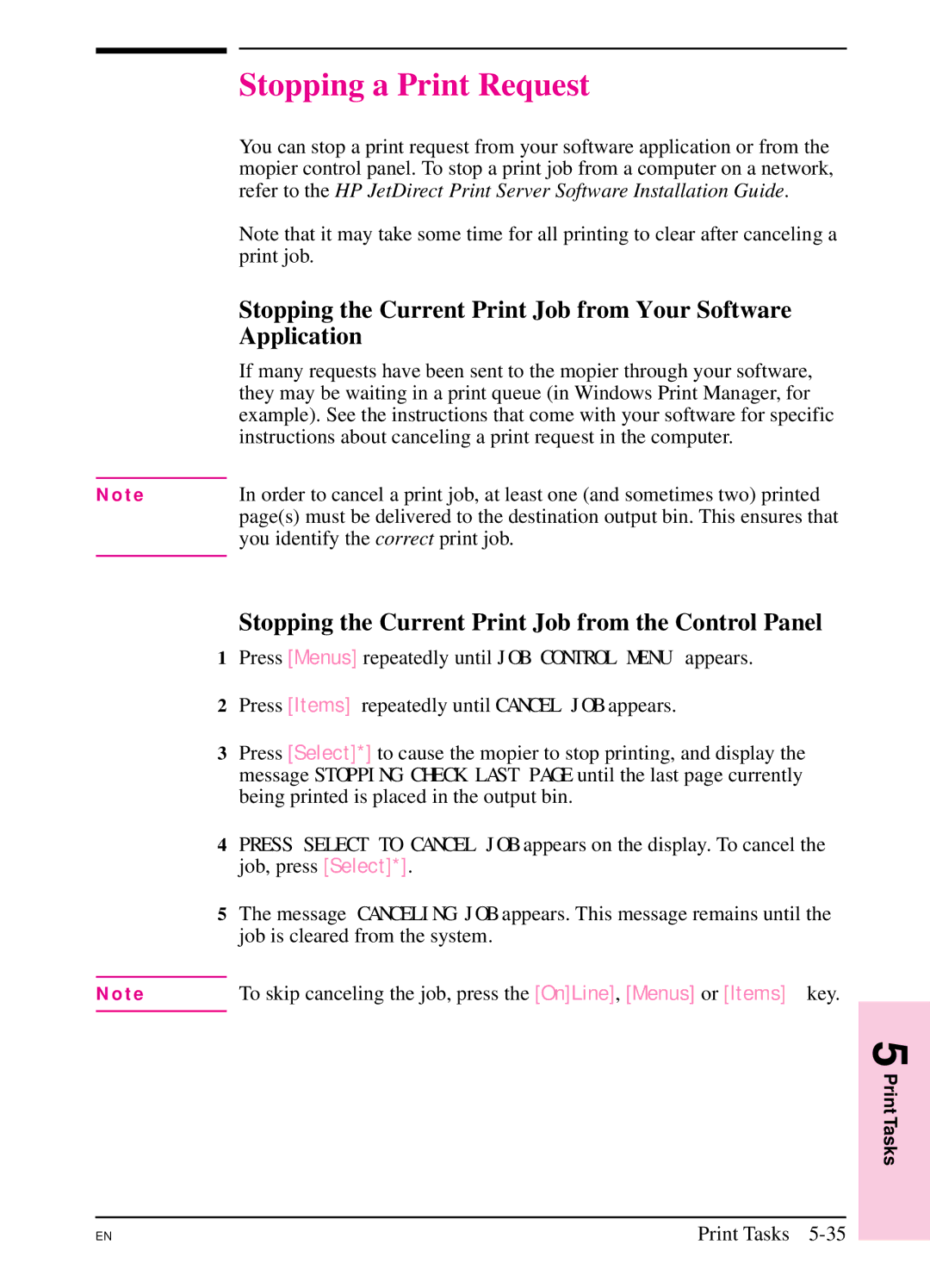 HP 5SI manual Stopping a Print Request, Stopping the Current Print Job from Your Software, Application 