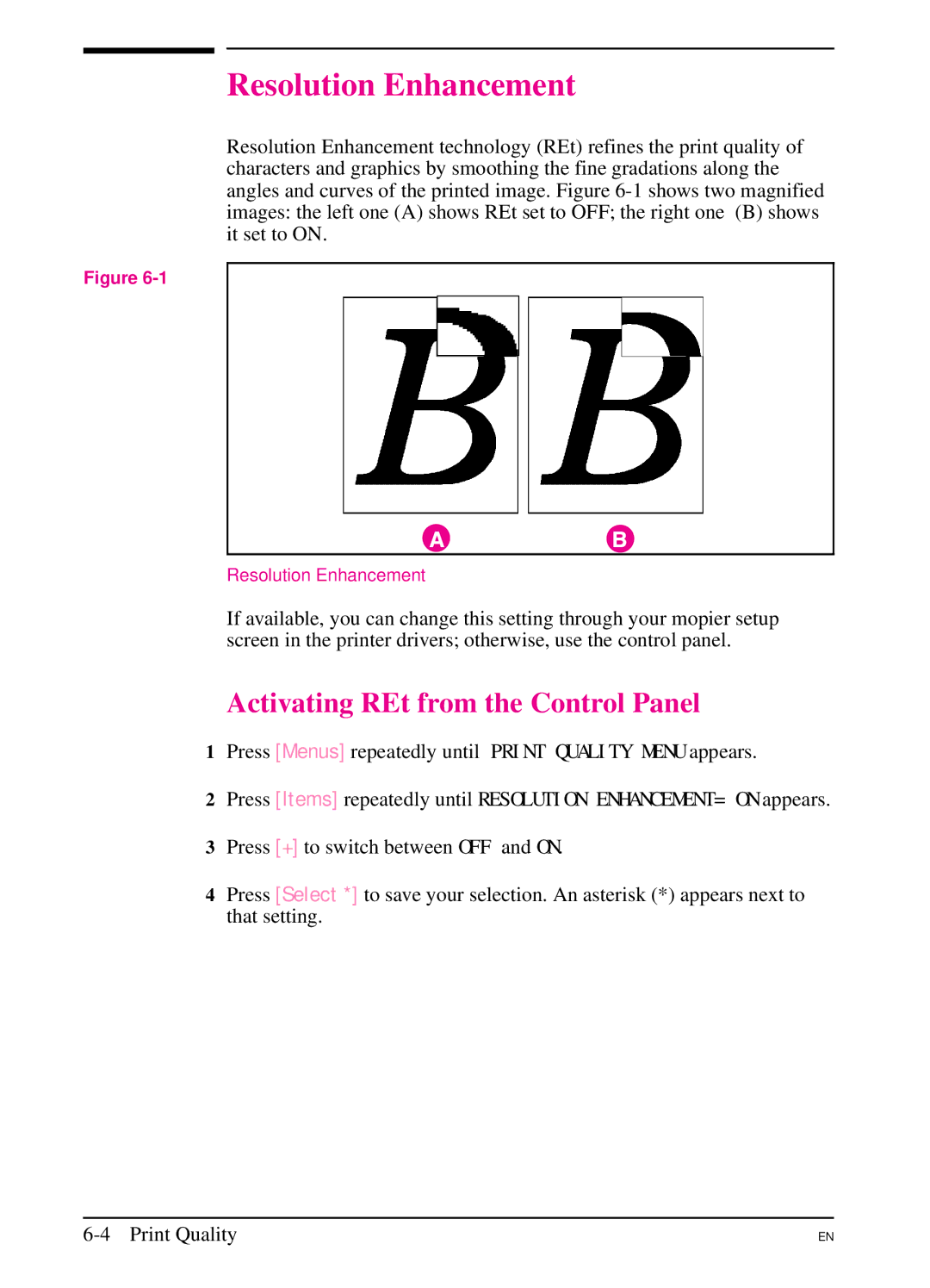 HP 5SI manual Resolution Enhancement, Activating REt from the Control Panel 