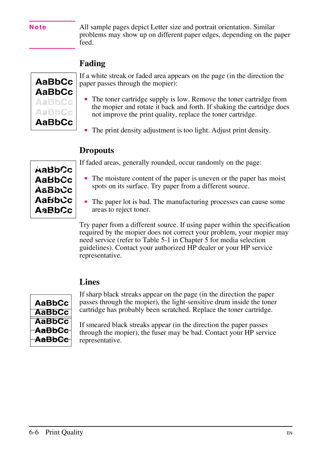 HP 5SI manual Fading, Dropouts, Lines 