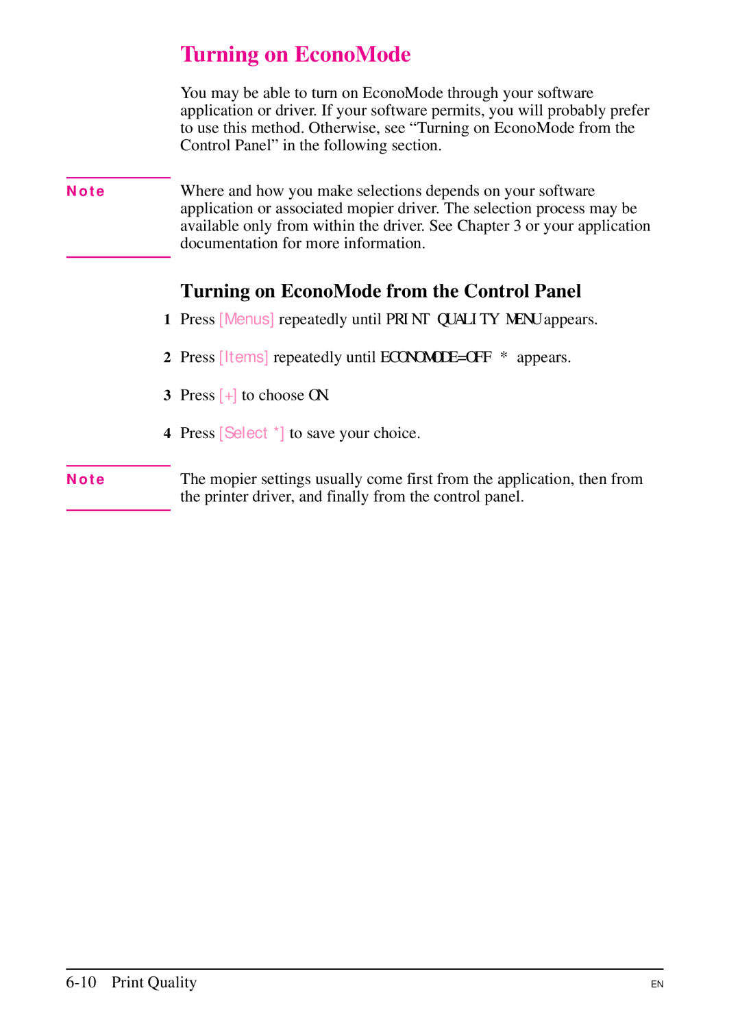 HP 5SI manual Turning on EconoMode from the Control Panel 