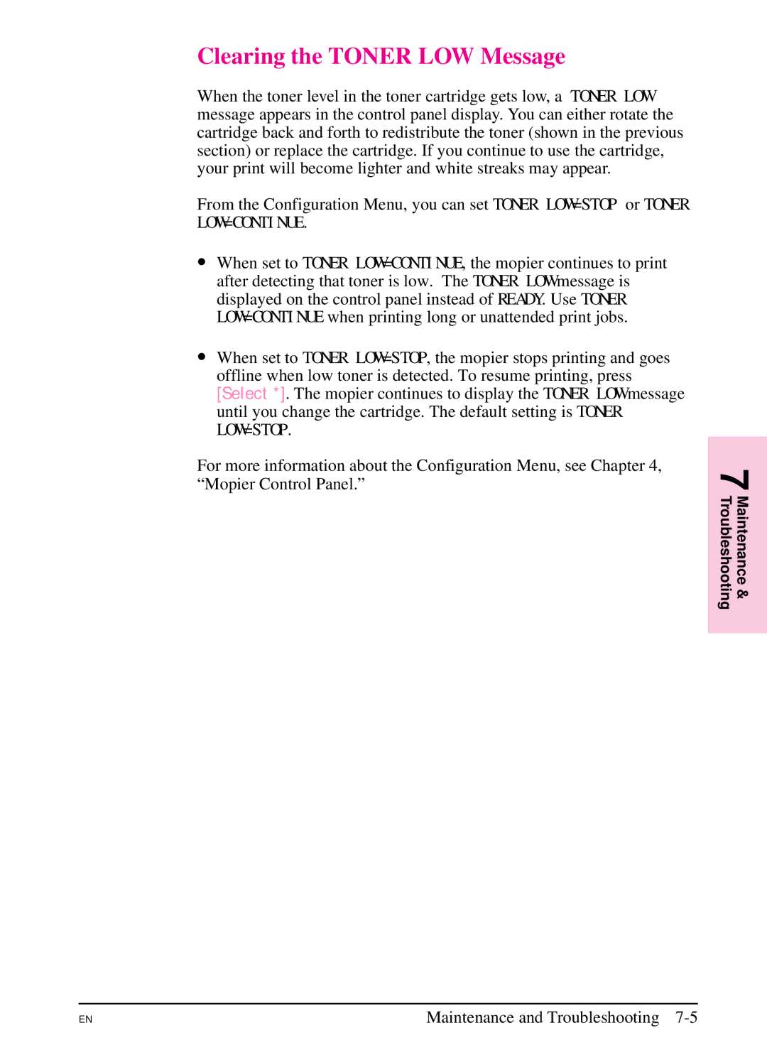 HP 5SI manual Clearing the Toner LOW Message, Low=Continue 