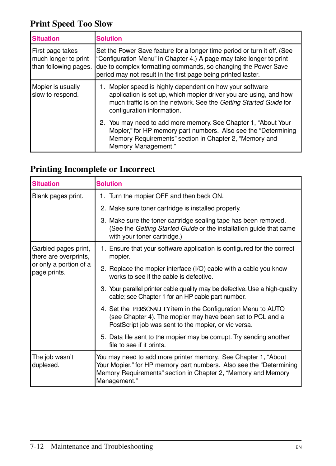 HP 5SI manual Print Speed Too Slow, Printing Incomplete or Incorrect 