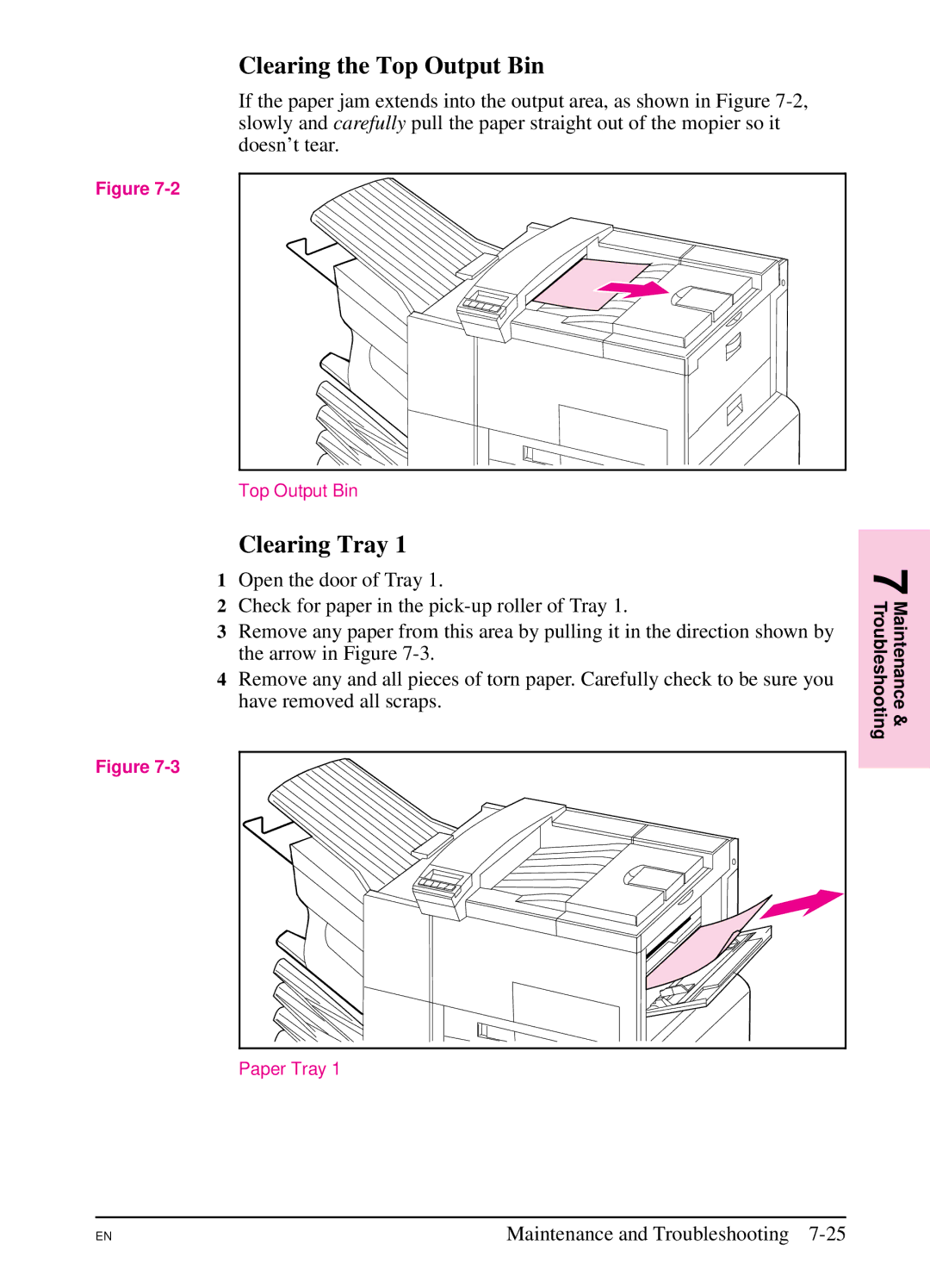 HP 5SI manual Clearing the Top Output Bin, Clearing Tray 