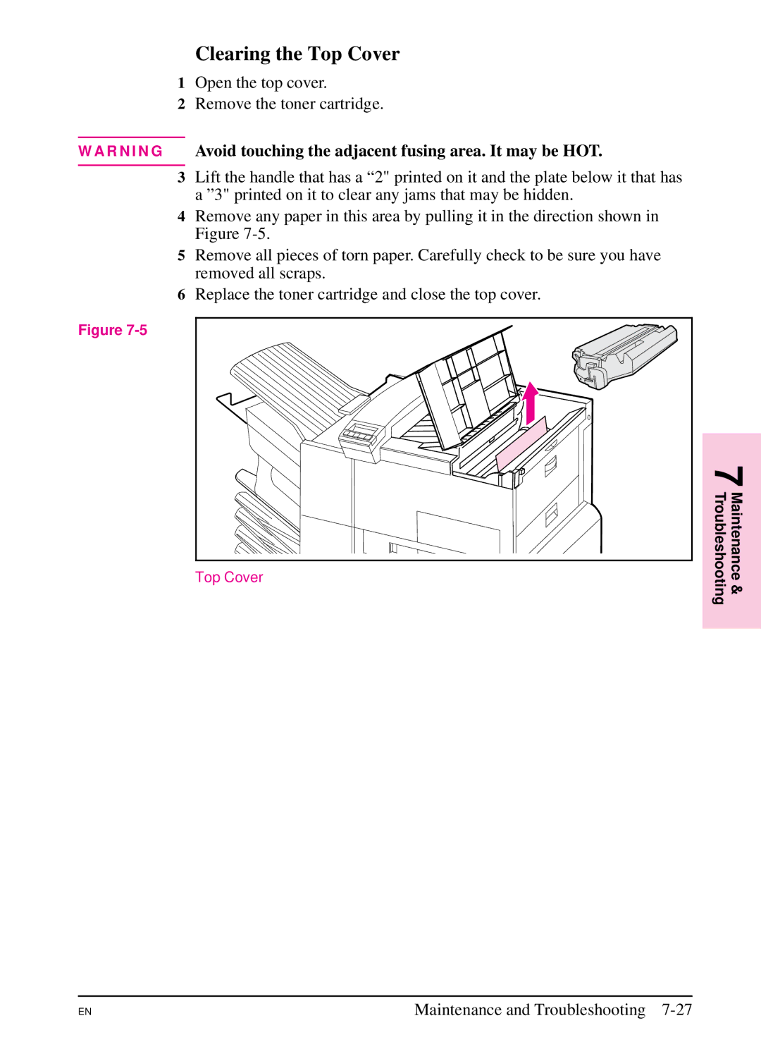 HP 5SI manual Clearing the Top Cover 