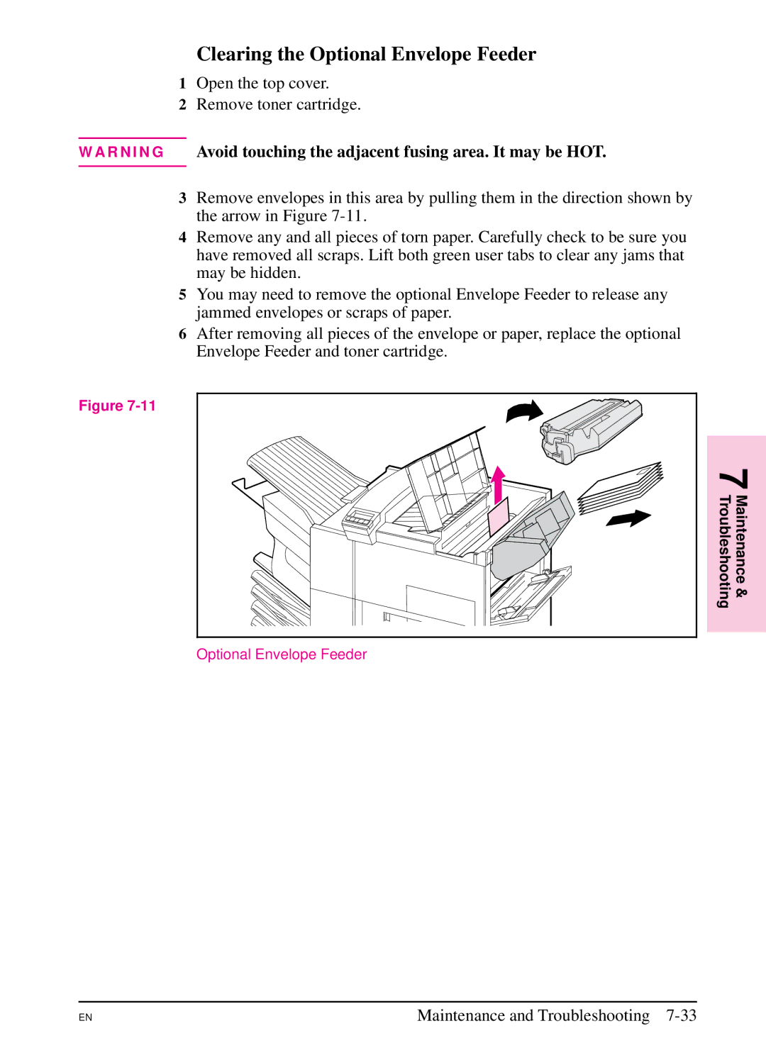 HP 5SI manual Clearing the Optional Envelope Feeder, Maintenance & Troubleshooting 