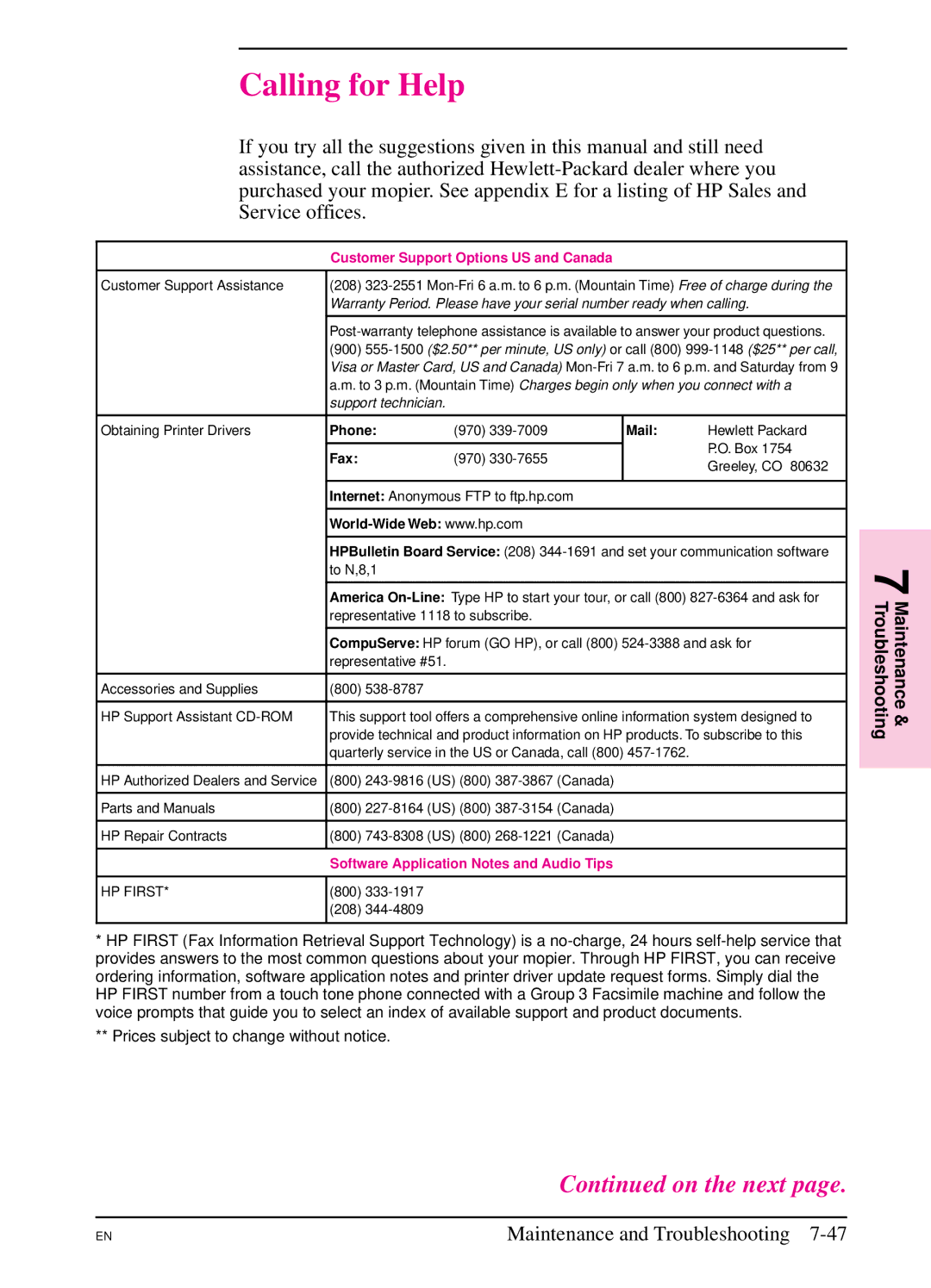 HP 5SI manual Calling for Help, Customer Support Options US and Canada 