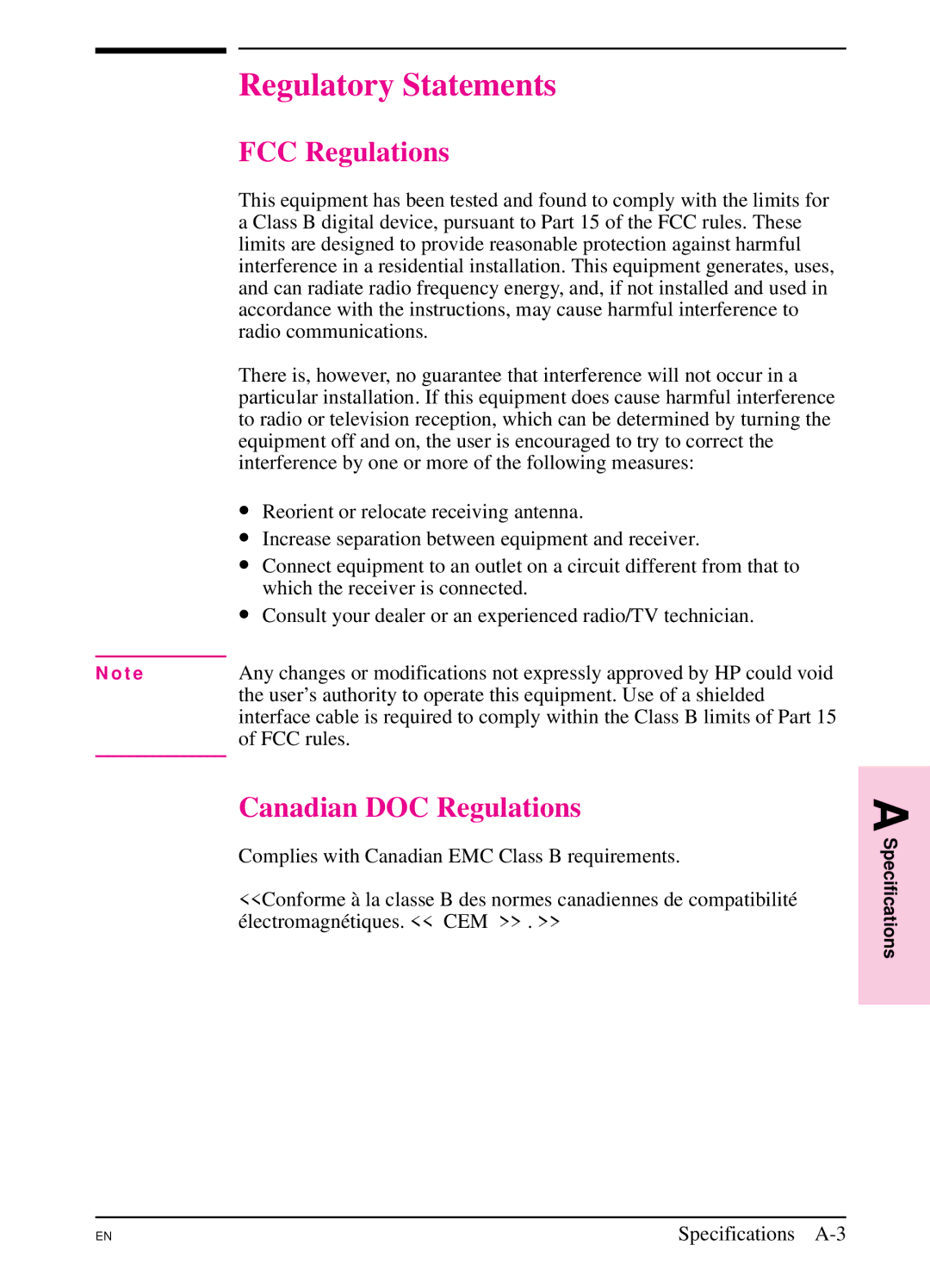 HP 5SI manual Regulatory Statements, FCC Regulations, Canadian DOC Regulations 