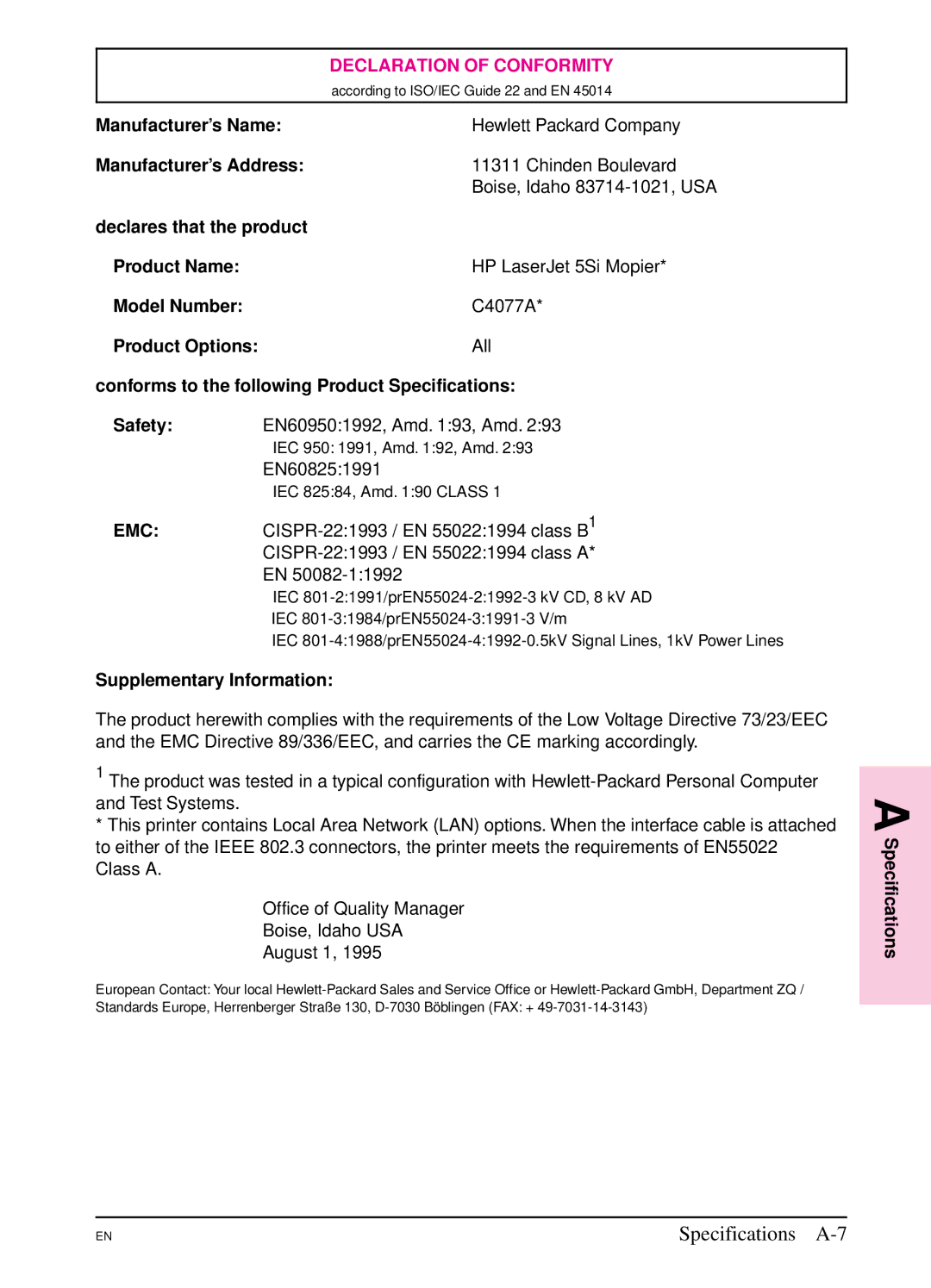 HP 5SI manual Specifications A-7 