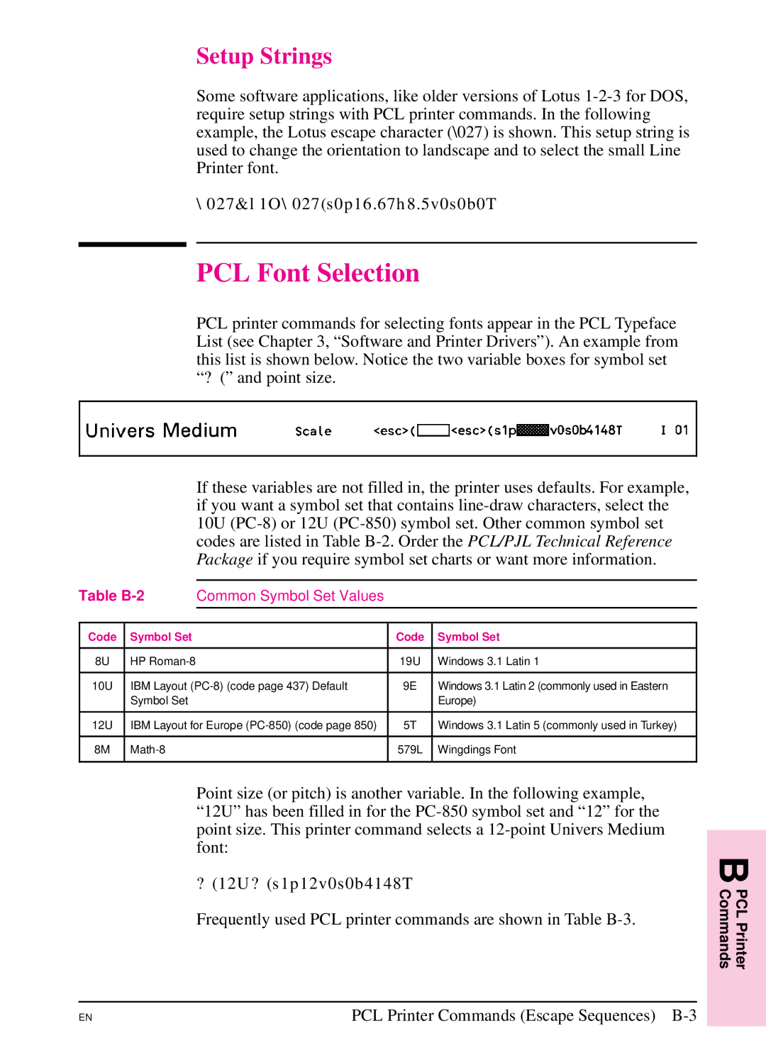 HP 5SI manual PCL Font Selection, Setup Strings, Table B-2 