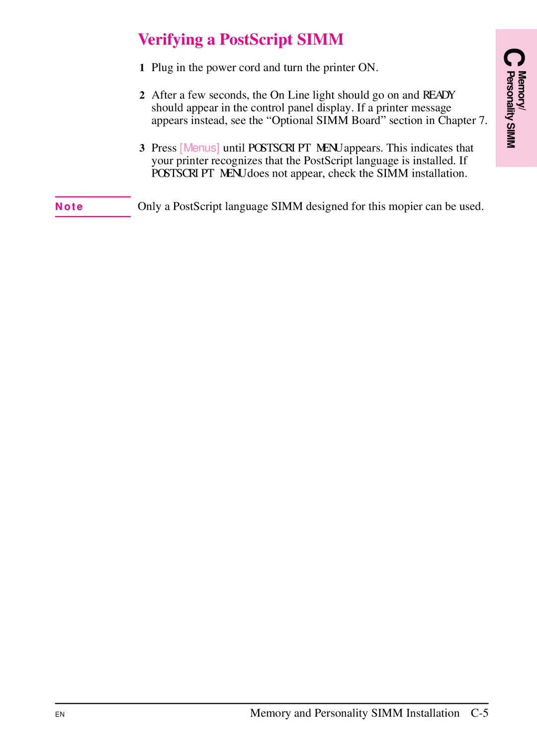 HP 5SI manual Verifying a PostScript Simm, Plug in the power cord and turn the printer on 