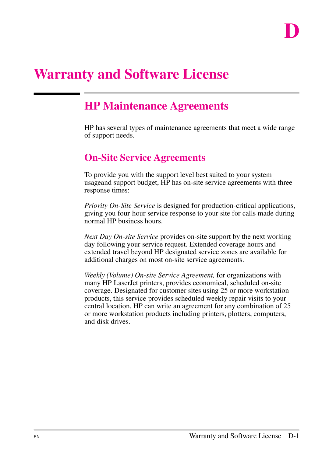 HP 5SI manual HP Maintenance Agreements, On-Site Service Agreements 