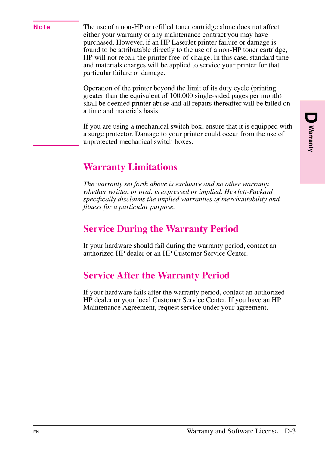 HP 5SI manual Warranty Limitations, Service During the Warranty Period, Service After the Warranty Period 