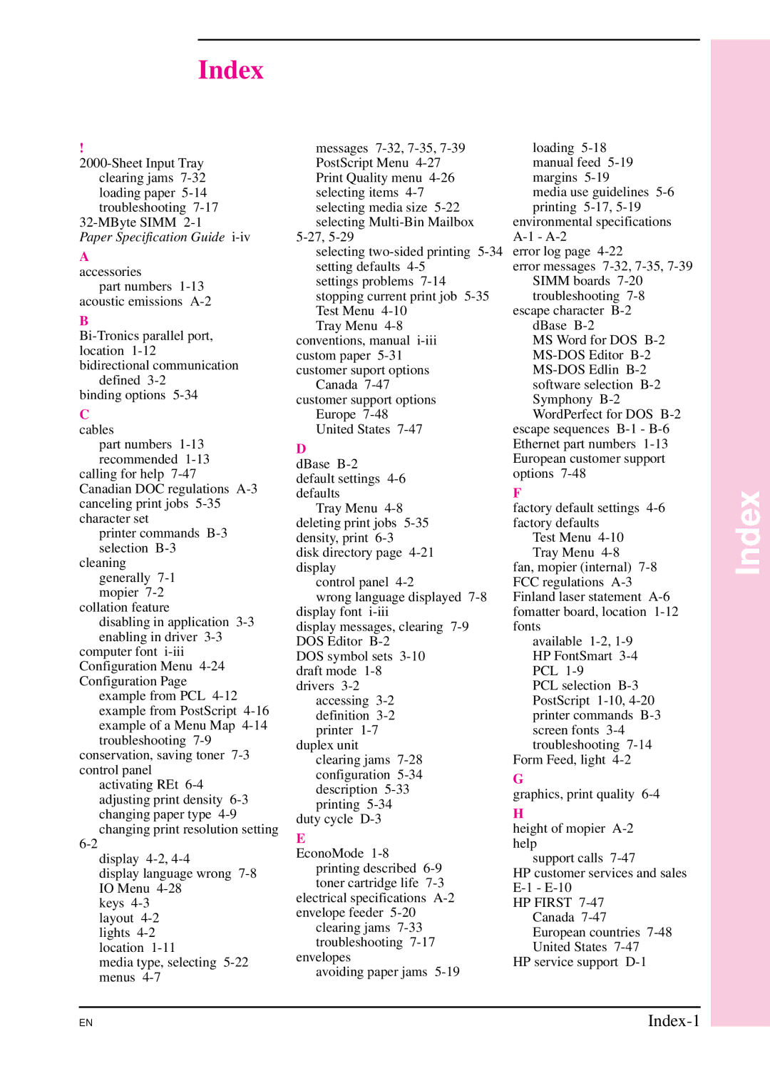 HP 5SI manual Index, Accessories 