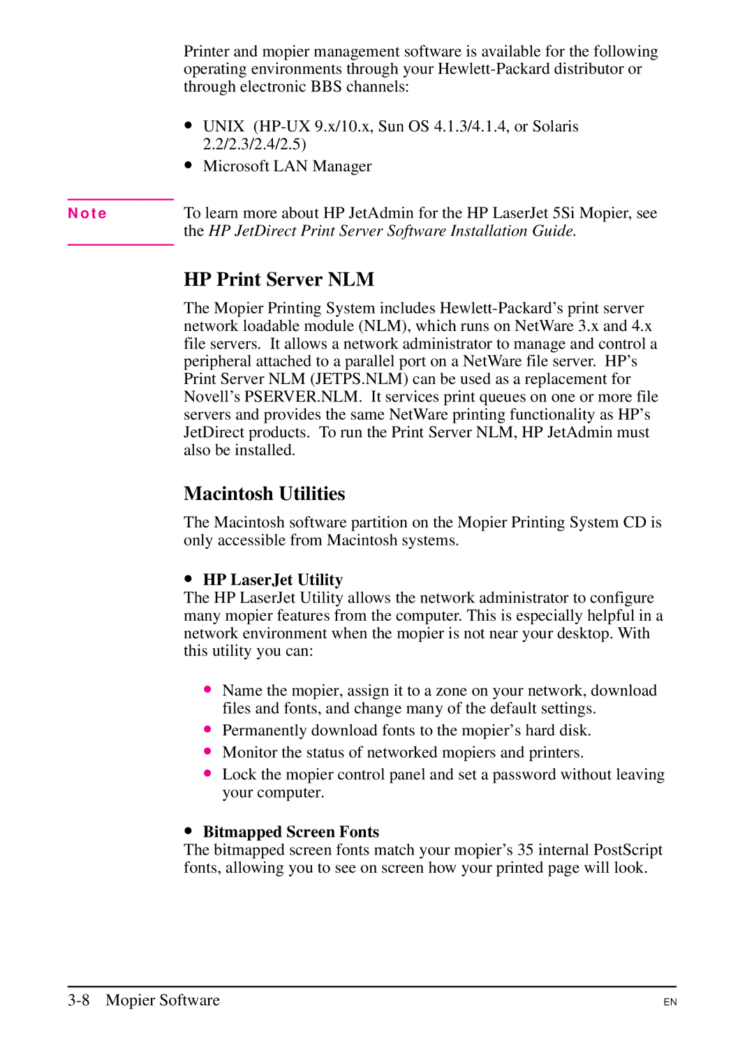 HP 5SI manual HP Print Server NLM, Macintosh Utilities 