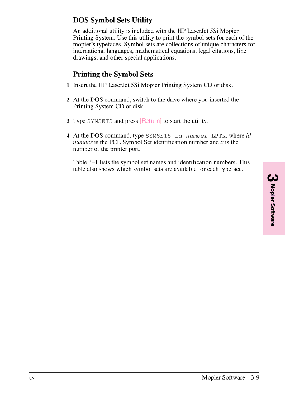 HP 5SI manual DOS Symbol Sets Utility, Printing the Symbol Sets 