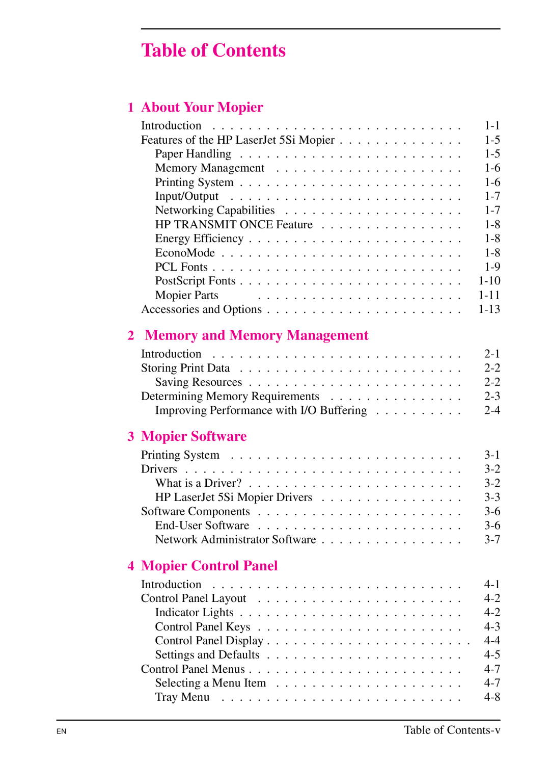 HP 5SI manual Table of Contents 