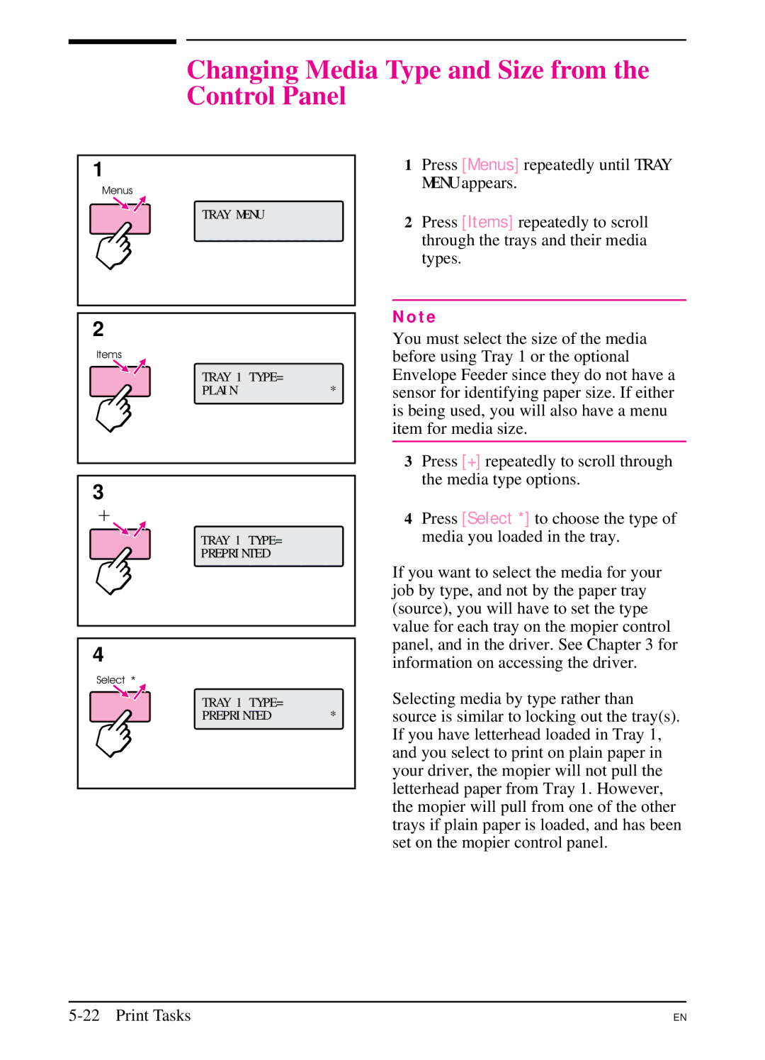 HP 5SI manual Changing Media Type and Size from the Control Panel 