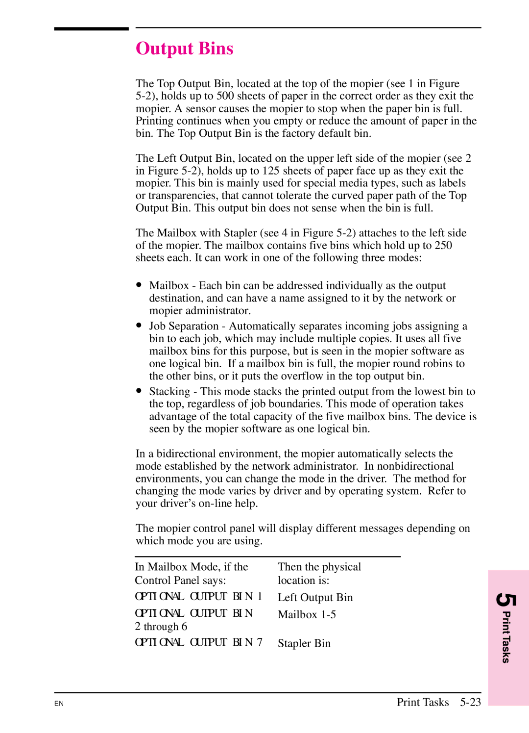 HP 5SI manual Output Bins 