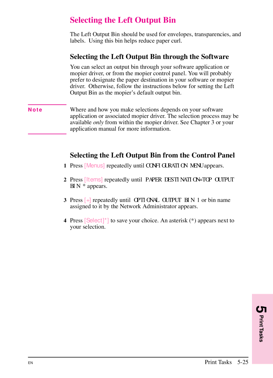 HP 5SI manual Selecting the Left Output Bin through the Software, Selecting the Left Output Bin from the Control Panel 