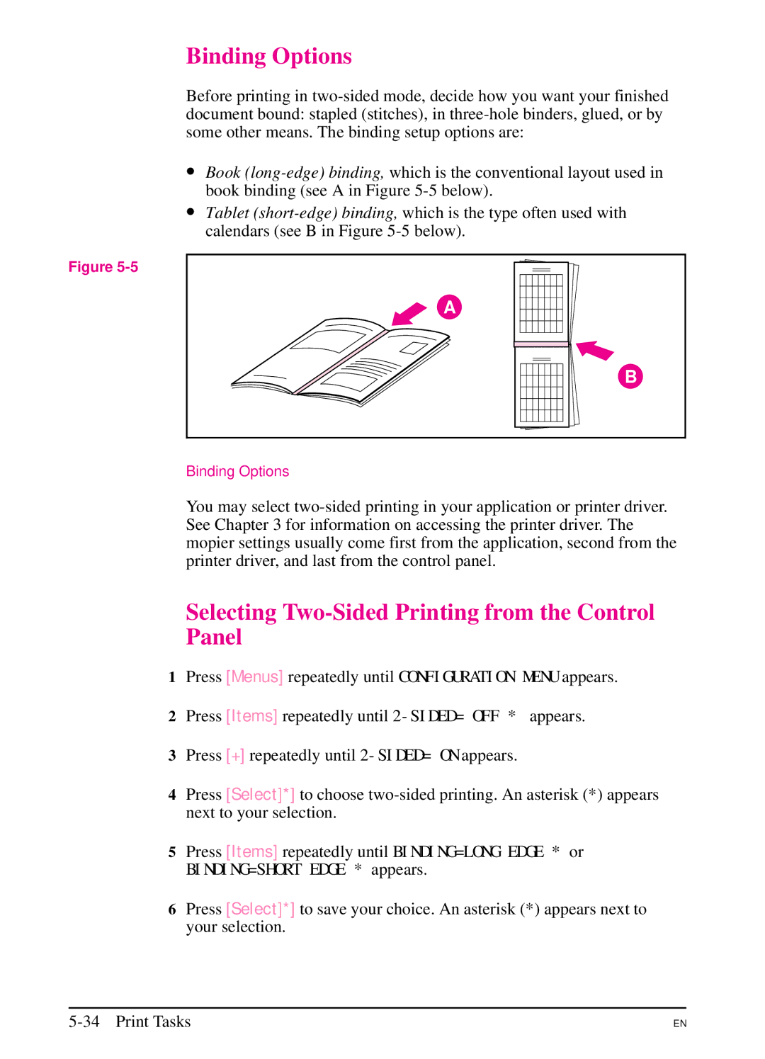 HP 5SI manual Binding Options, Selecting Two-Sided Printing from the Control Panel 