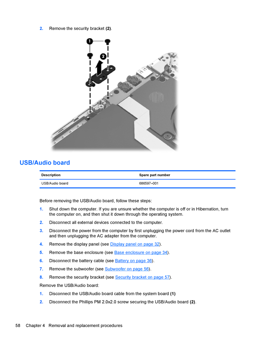 HP 6-1111nr Ultrabook C2K94UARABA manual Description Spare part number USB/Audio board 686597-001 