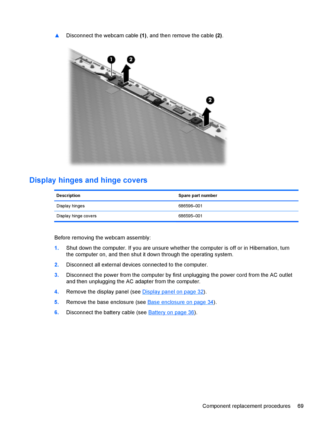 HP 6-1111nr Ultrabook C2K94UARABA manual Display hinges and hinge covers, Description Spare part number 