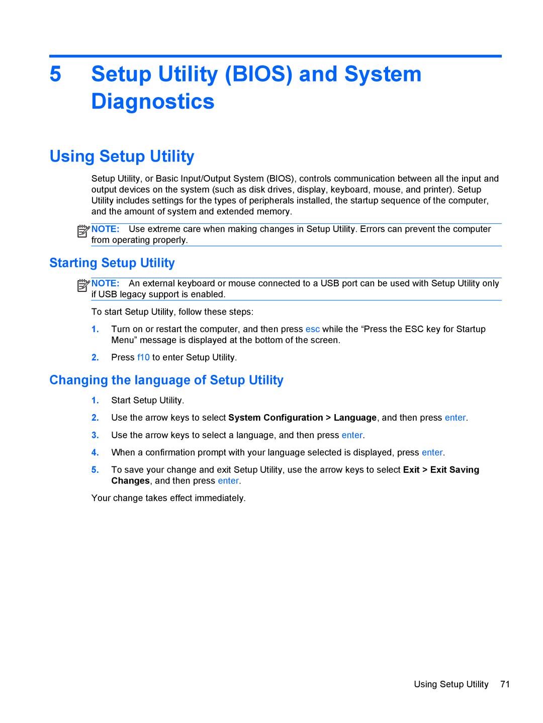 HP 6-1111nr Ultrabook C2K94UARABA Setup Utility Bios and System Diagnostics, Using Setup Utility, Starting Setup Utility 