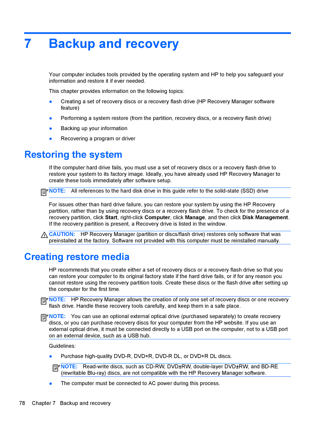 HP 6-1111nr Ultrabook C2K94UARABA manual Backup and recovery, Restoring the system, Creating restore media 