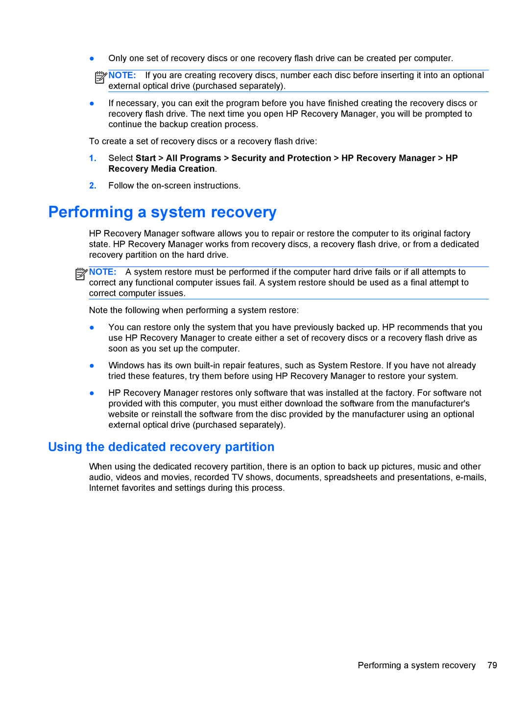 HP 6-1111nr Ultrabook C2K94UARABA manual Performing a system recovery, Using the dedicated recovery partition 