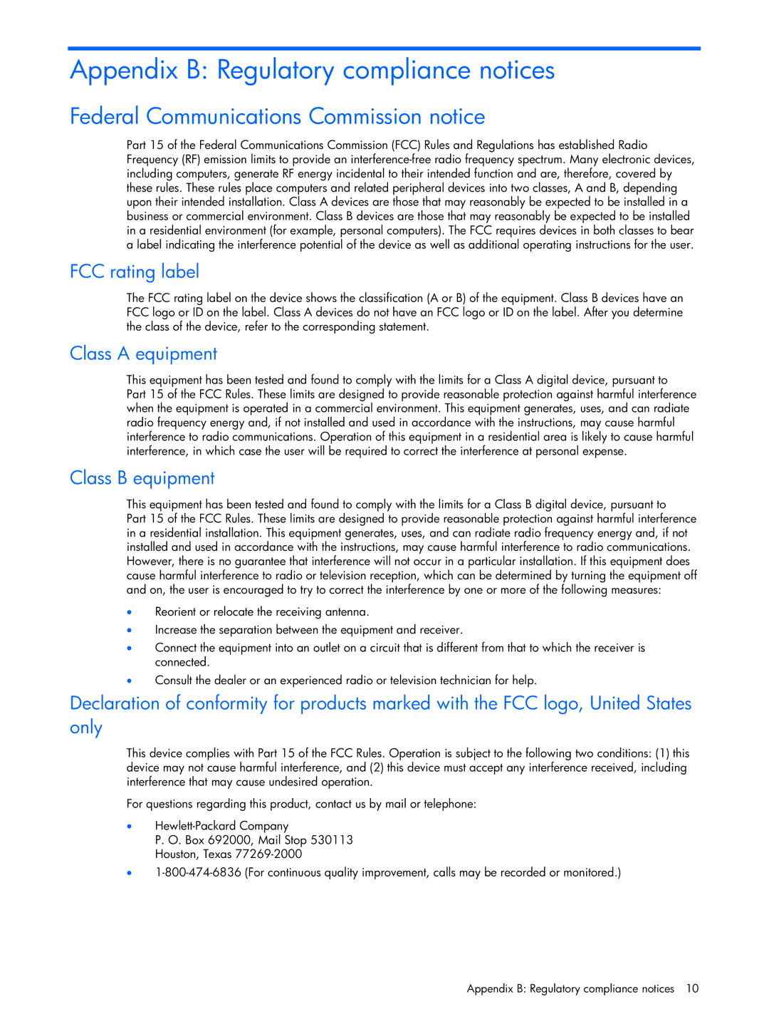 HP 6-Port SATA RAID Appendix B Regulatory compliance notices, Federal Communications Commission notice, FCC rating label 